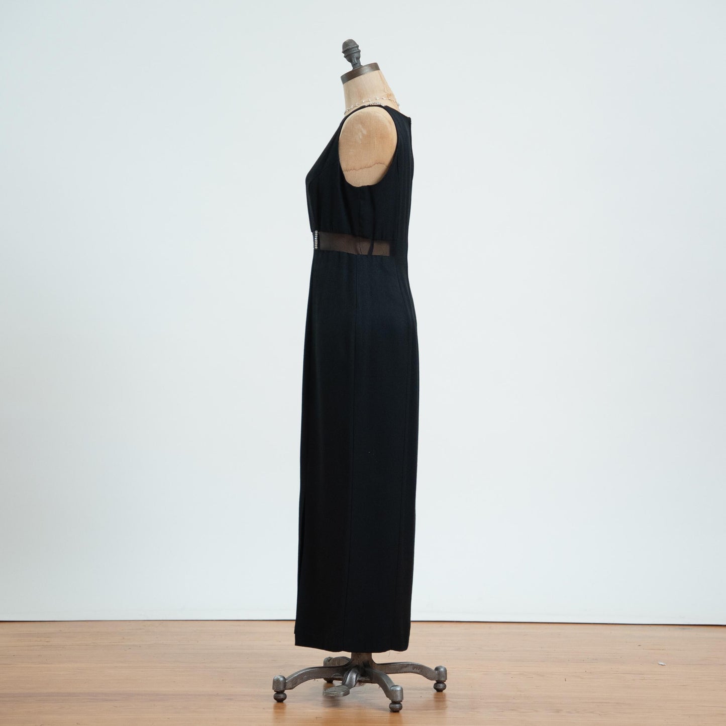 Vintage 80s Black Sheer Cage Waist Maxi Dress - Medium
