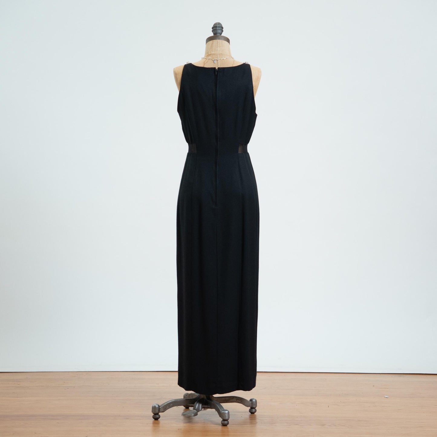 Vintage 80s Black Sheer Cage Waist Maxi Dress - Medium