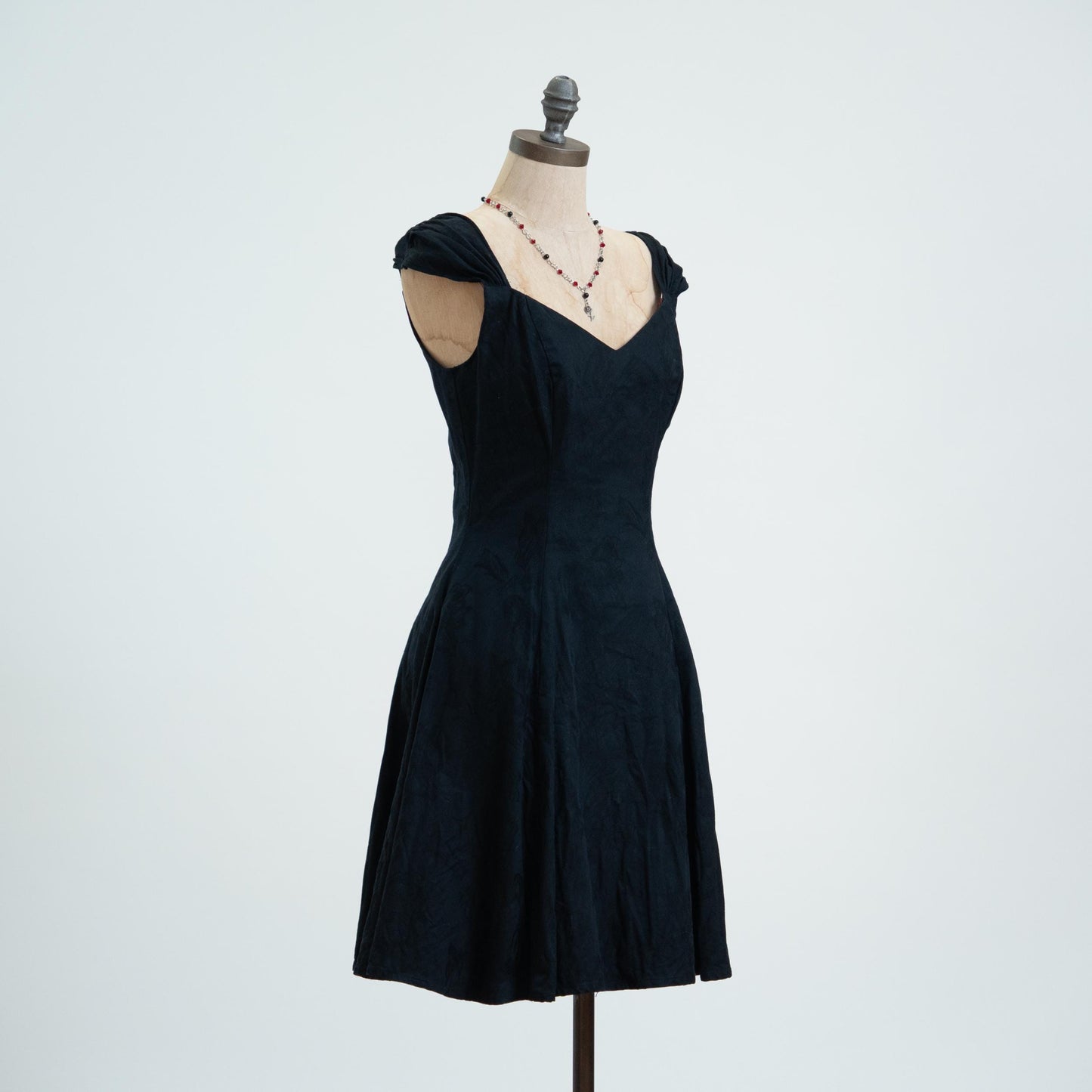 Vintage 80s Black Floral Cotton Jacquard Cap Sleeve Party Dress - Small
