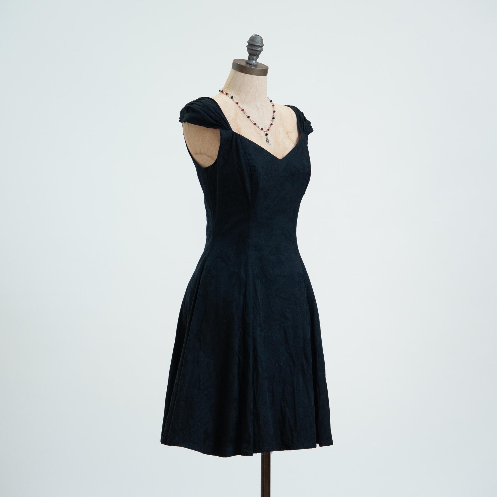 Vintage 80s Black Floral Cotton Jacquard Cap Sleeve Party Dress - Small