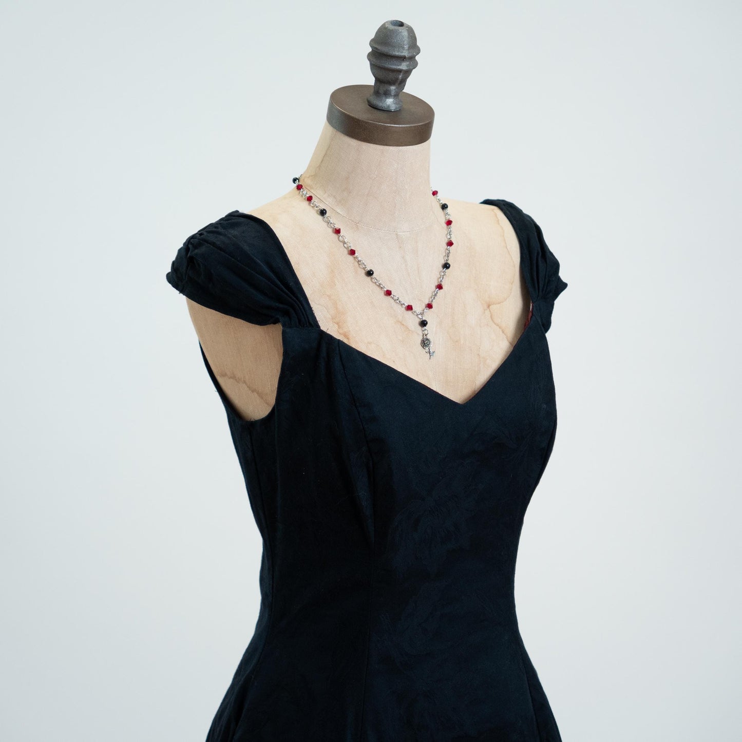 Vintage 80s Black Floral Cotton Jacquard Cap Sleeve Party Dress - Small