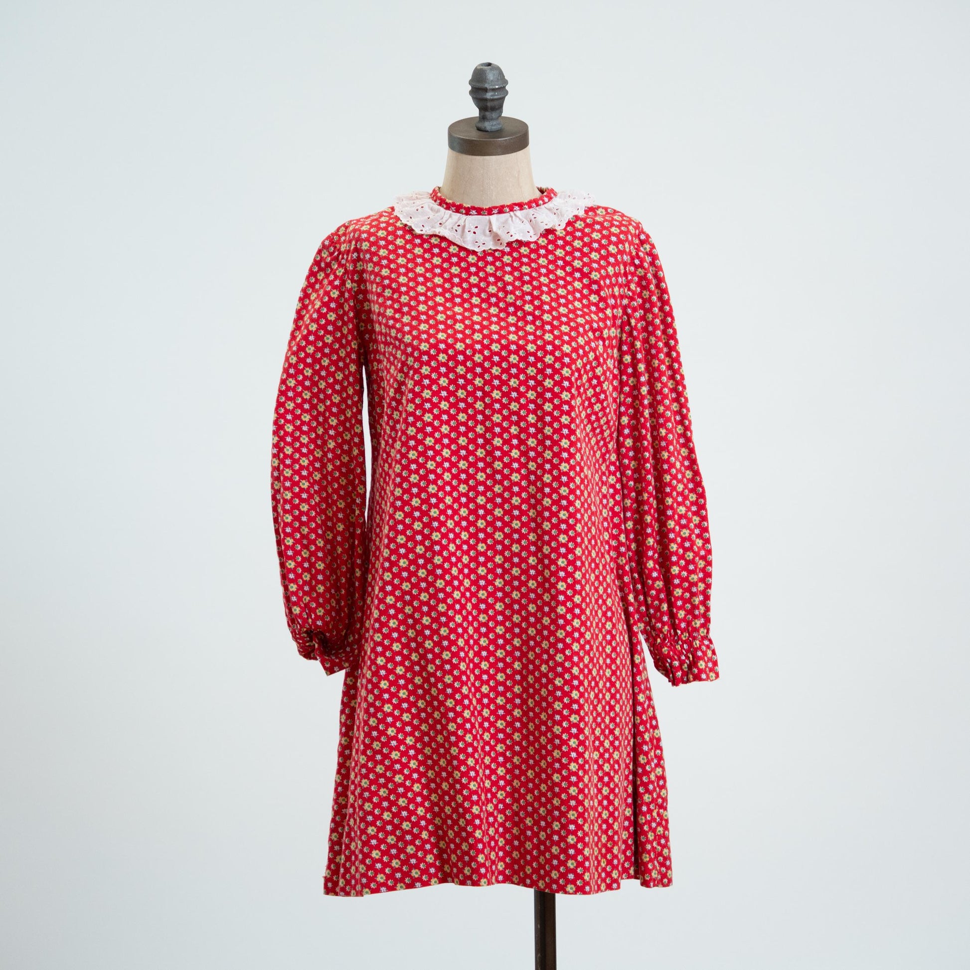 Vintage 60s Red Floral Prairie Collar Tent Dress - Extra Small