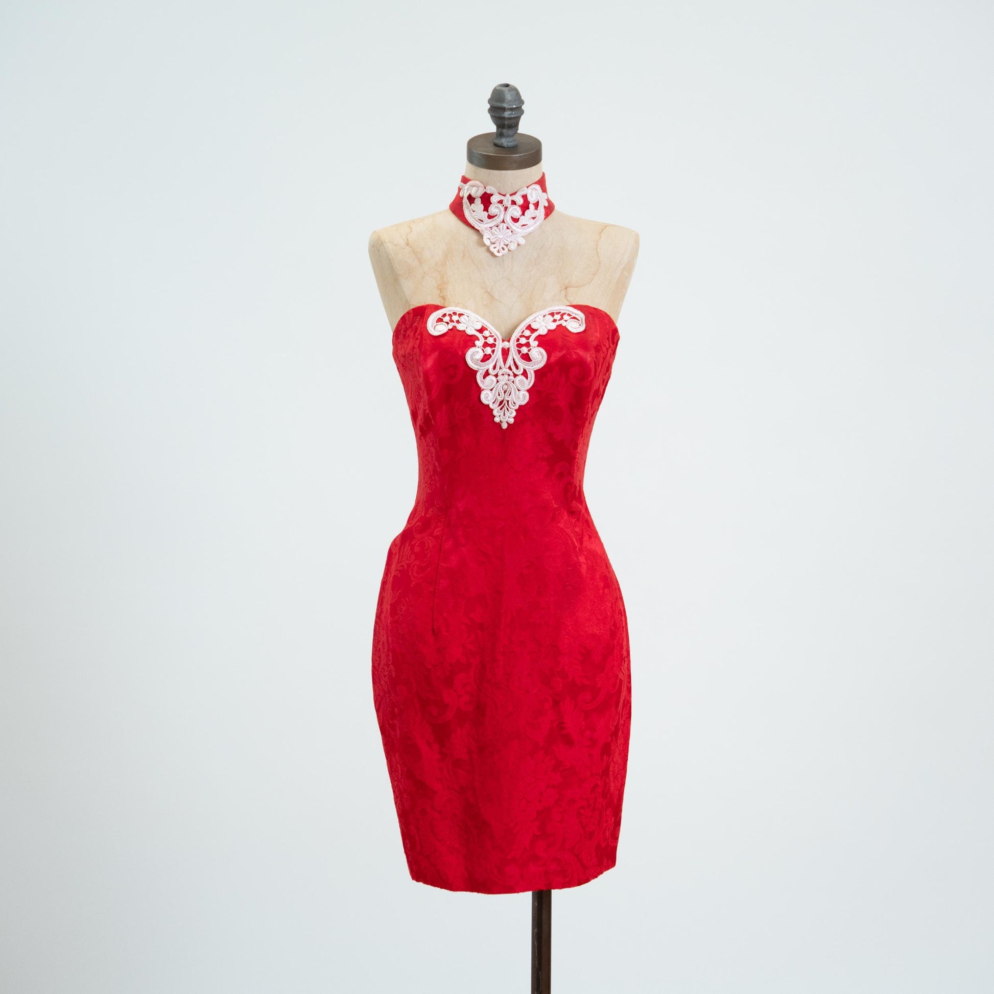 Vintage 80s Gunne Sax Red Jacquard Choker Party Dress - Medium