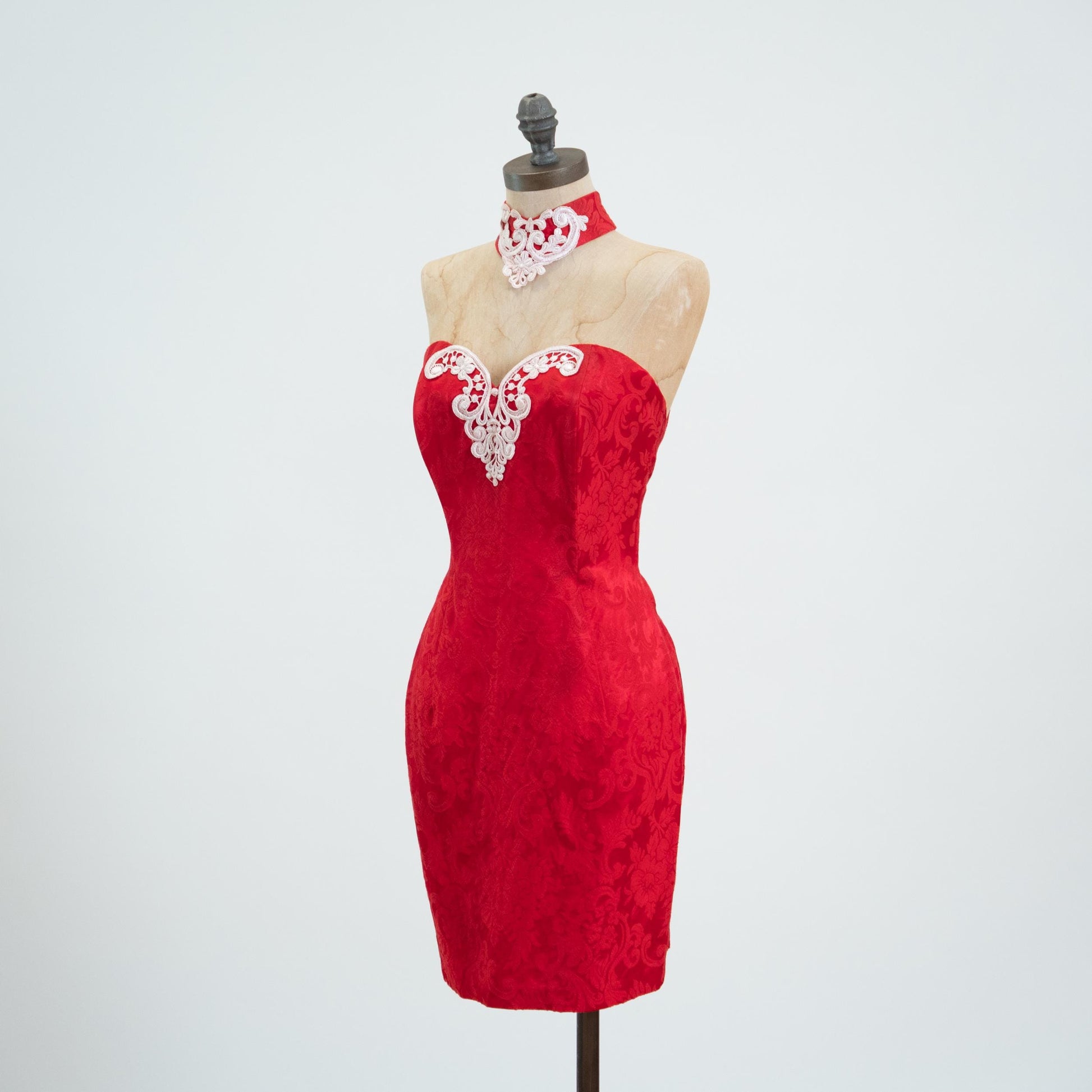 Vintage 80s Gunne Sax Red Jacquard Choker Party Dress - Medium