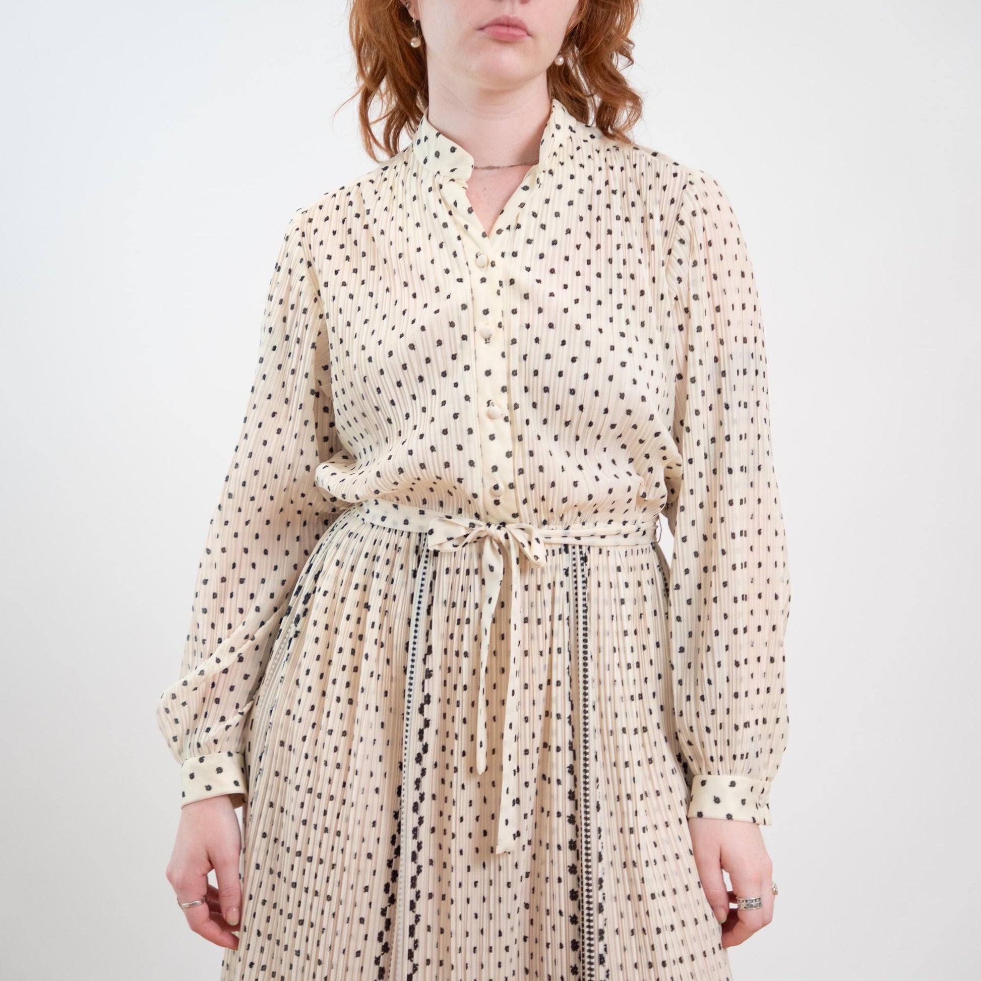 Vintage 70s Hal Ferman Black & White Plisse Floral Shirtdress - Large