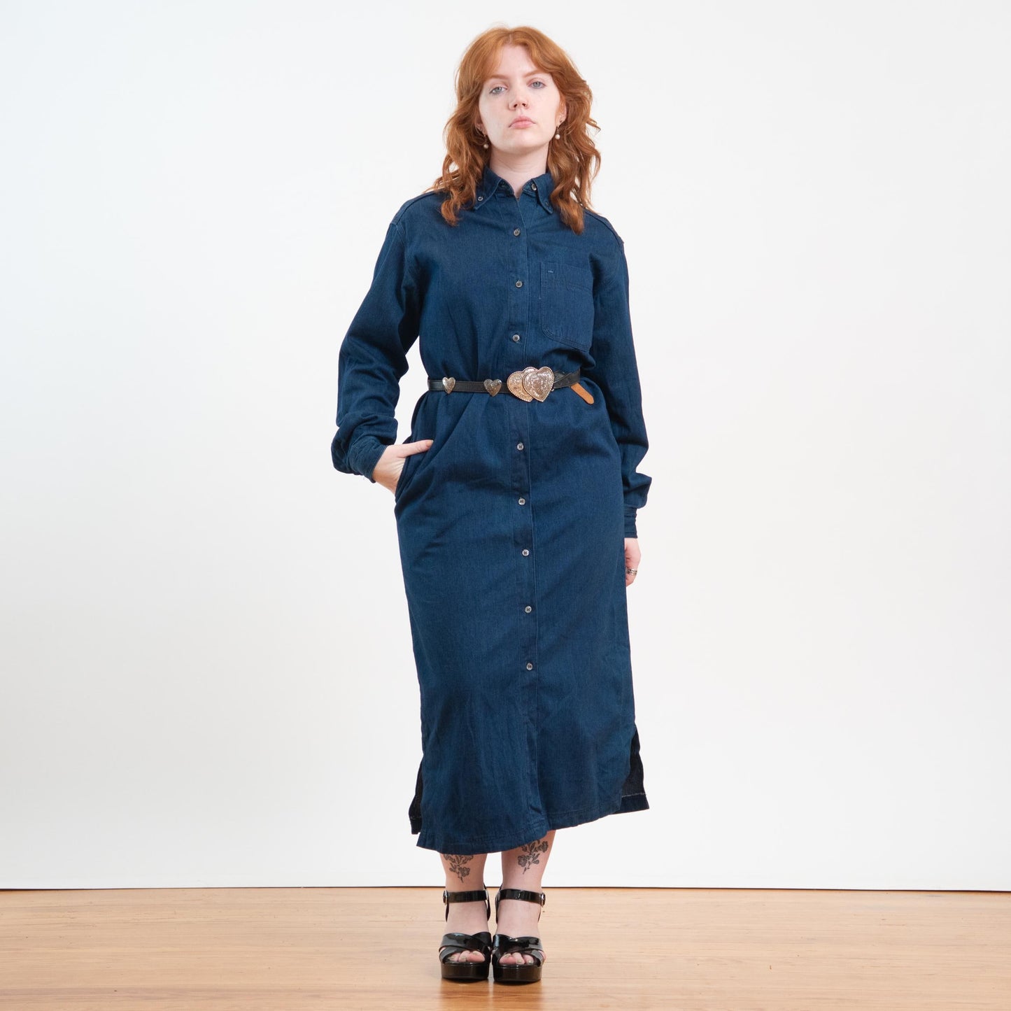 Vintage 90s J. Crew Dark Wash Chambray Maxi Shirtdress - Medium