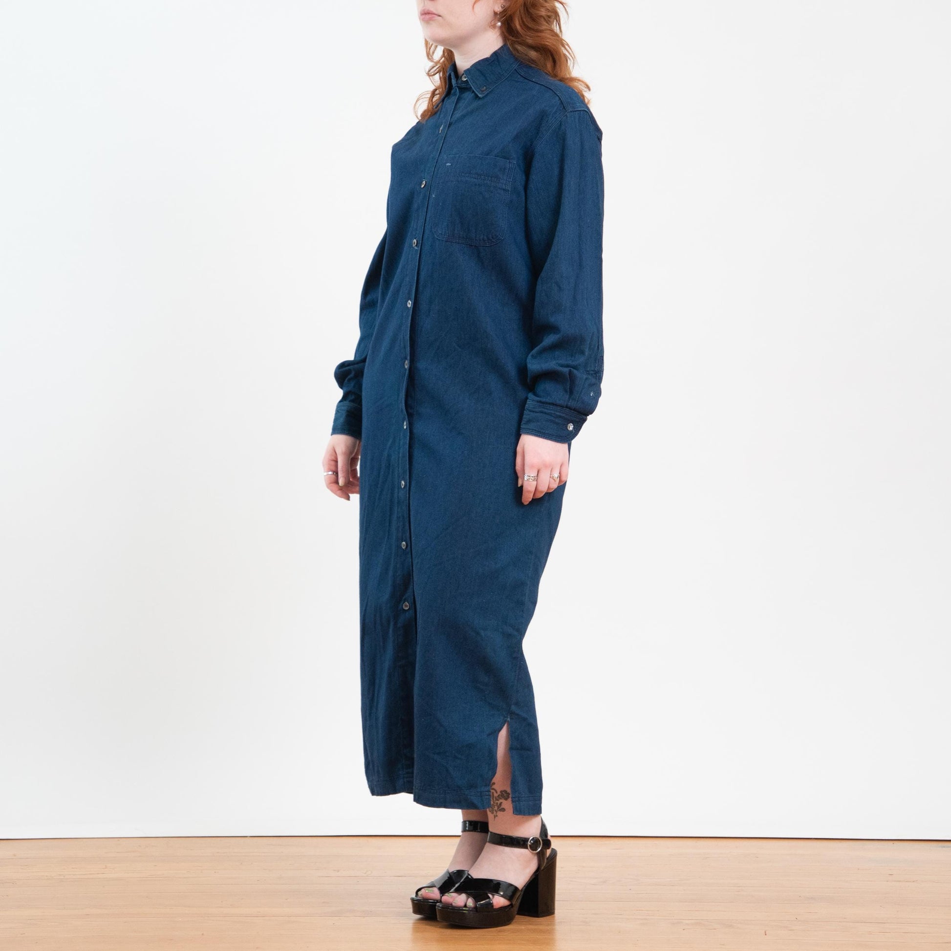 Vintage 90s J. Crew Dark Wash Chambray Maxi Shirtdress - Medium