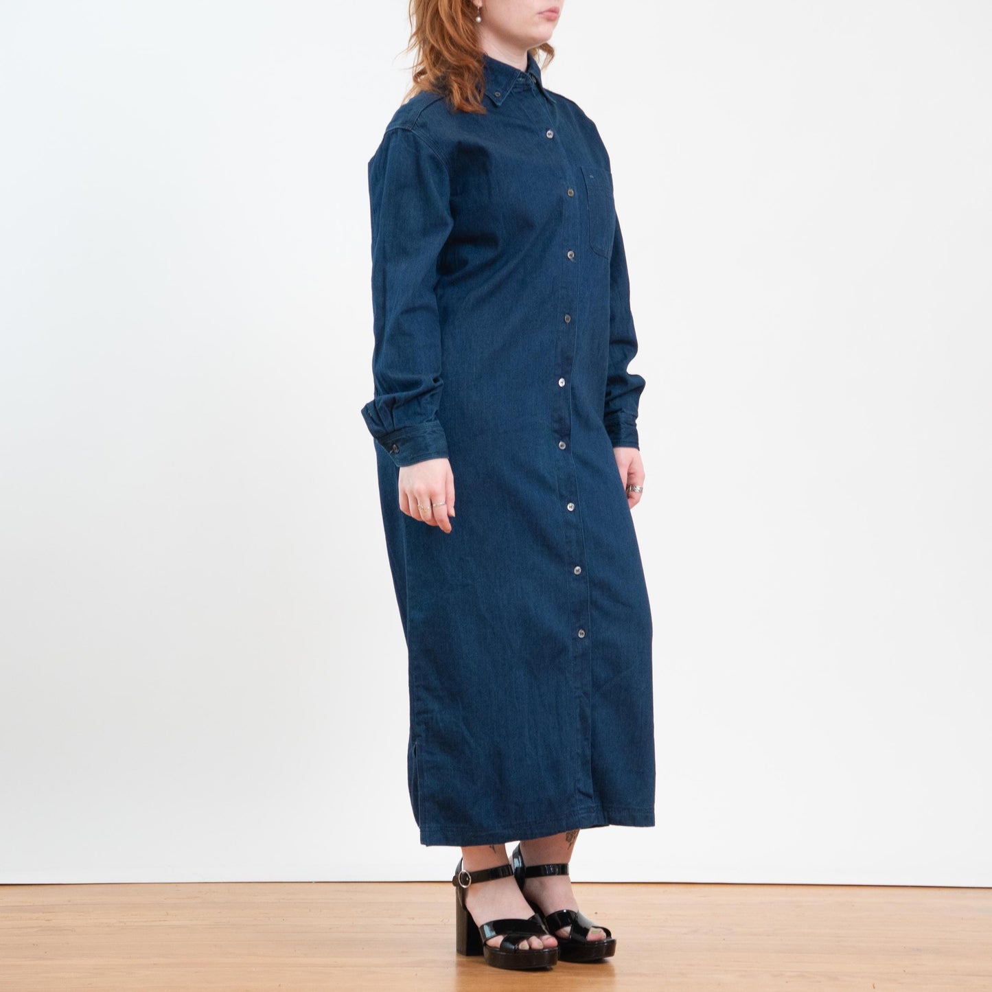 Vintage 90s J. Crew Dark Wash Chambray Maxi Shirtdress - Medium