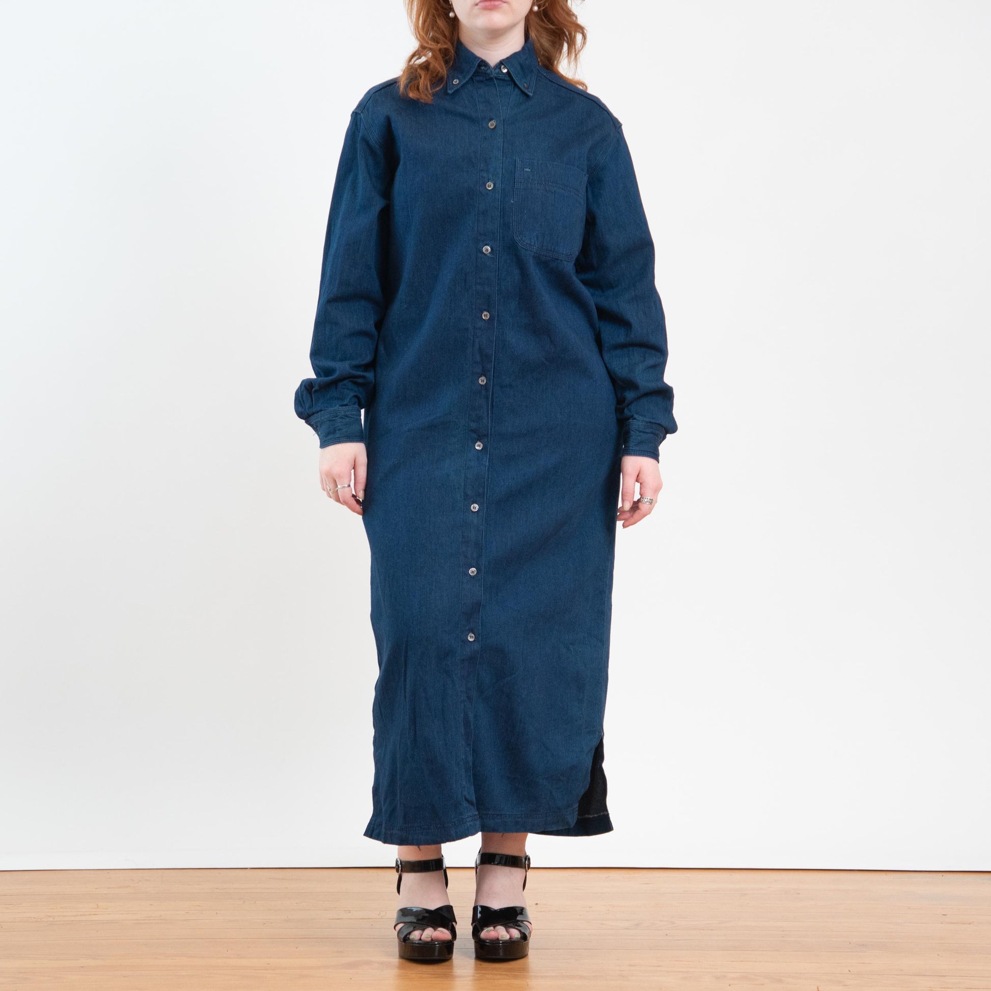 Vintage 90s J. Crew Dark Wash Chambray Maxi Shirtdress - Medium