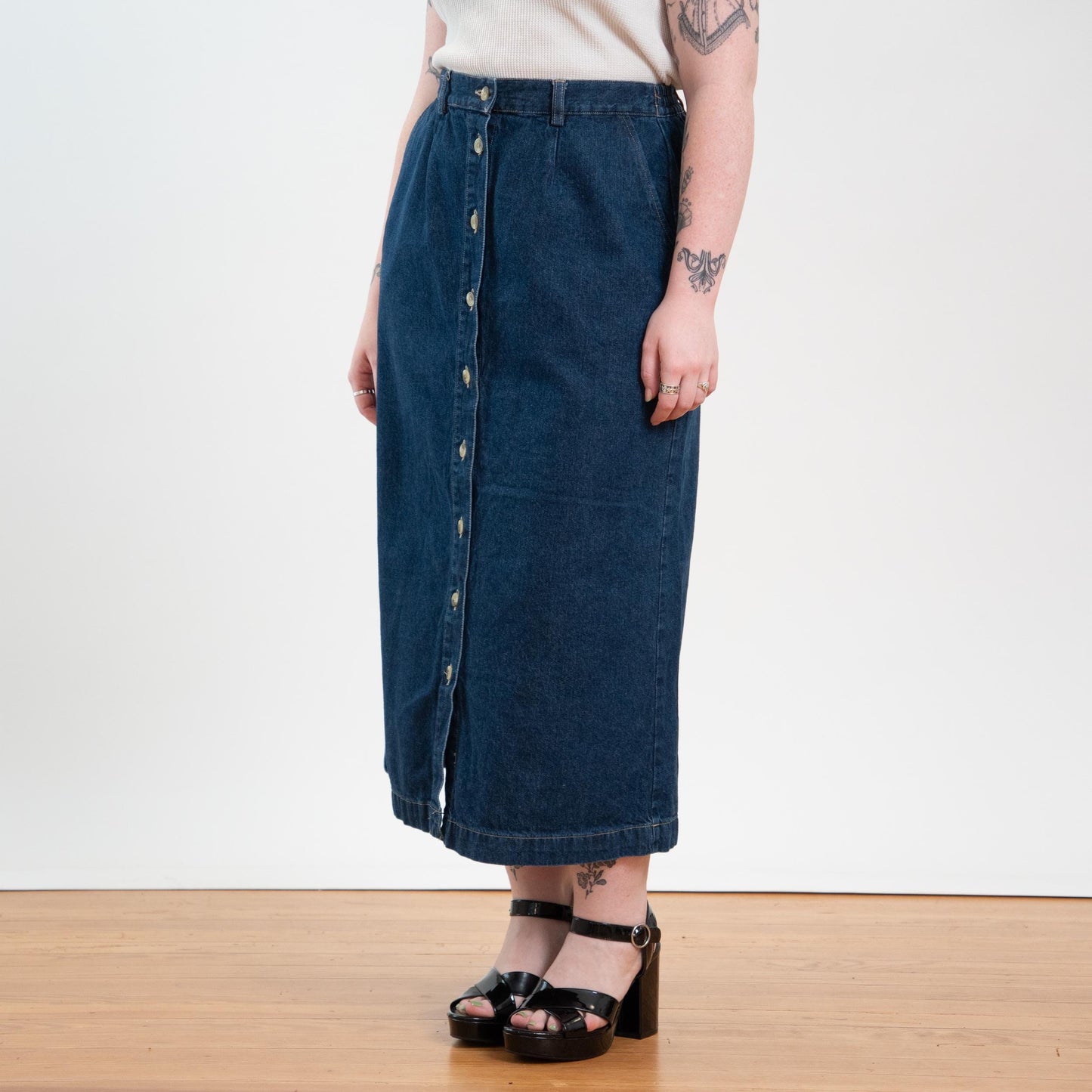 Vintage 90s Denim Button Front Maxi Skirt - Large