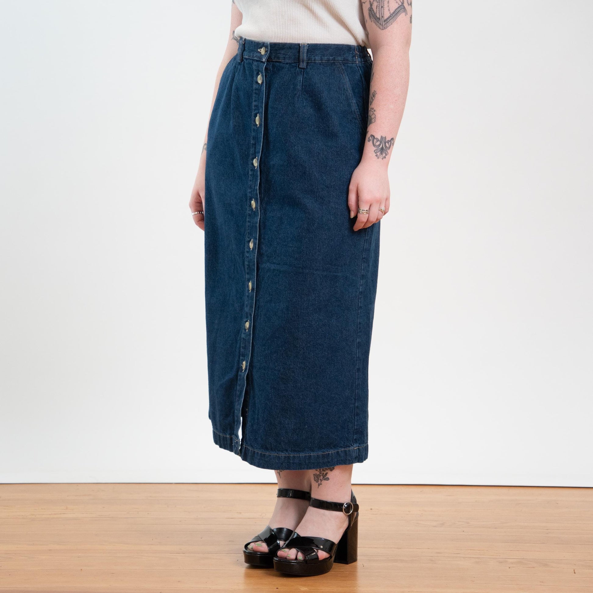 Vintage 90s Denim Button Front Maxi Skirt - Large