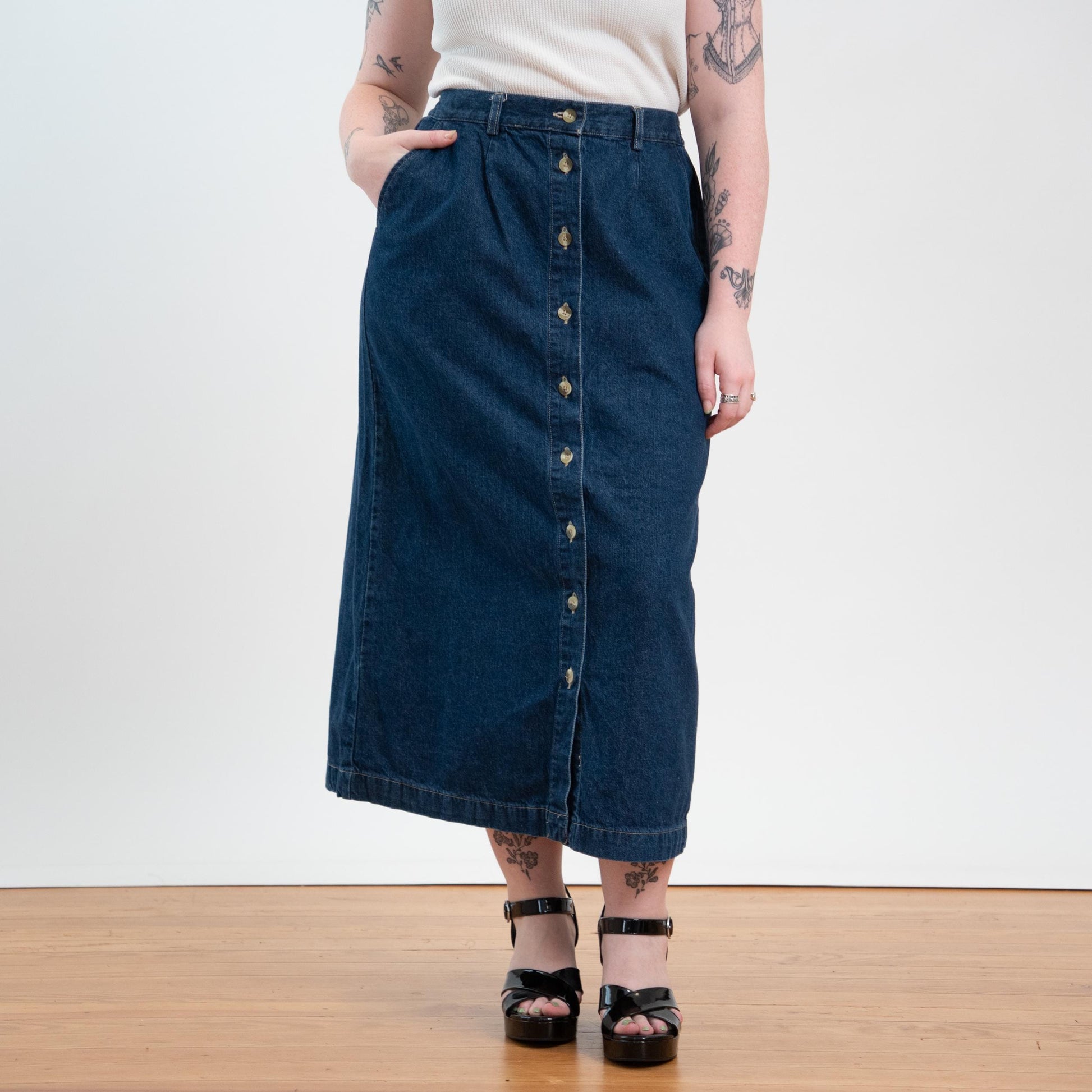 Vintage 90s Denim Button Front Maxi Skirt - Large