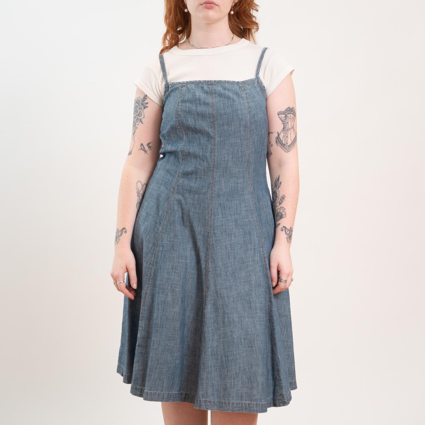 Vintage Y2K Ralph Lauren Chambray Pinafore Midi Dress - Small to Medium