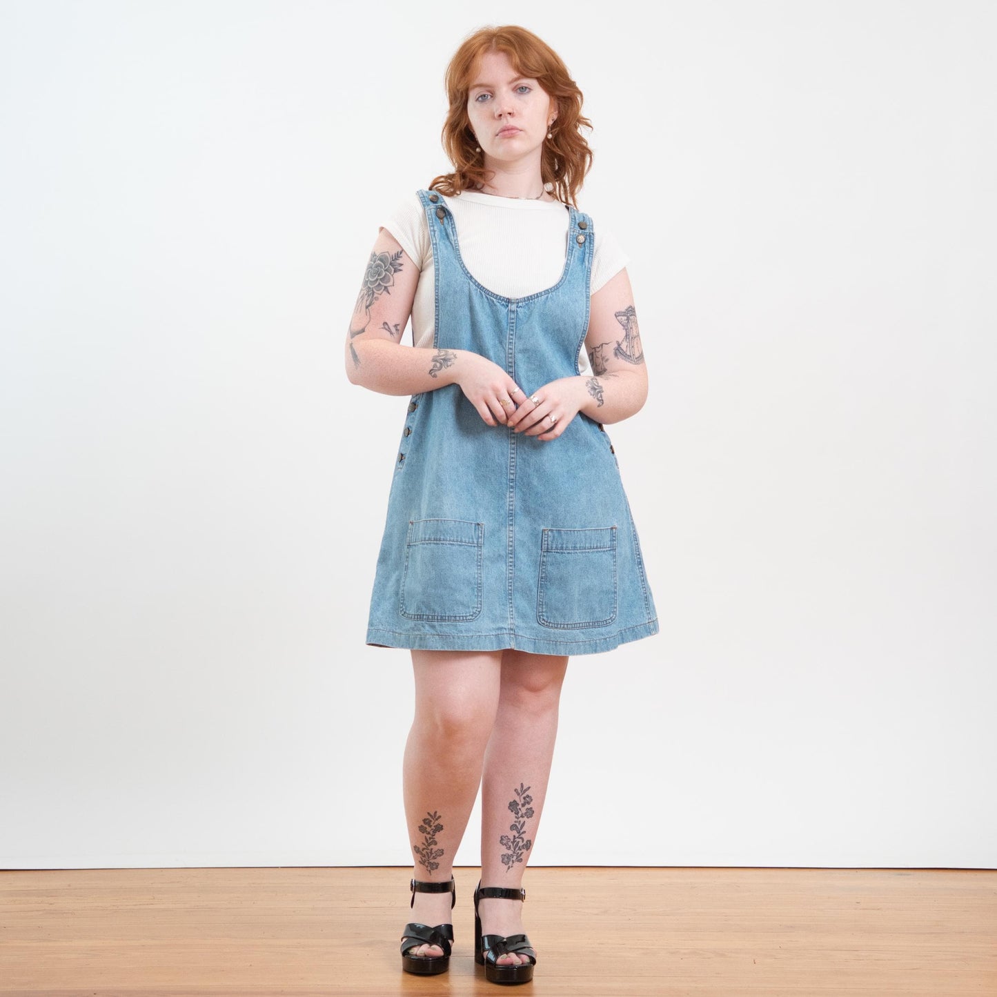 Vintage 90s Light Wash Denim Overall Mini Dress - 1X