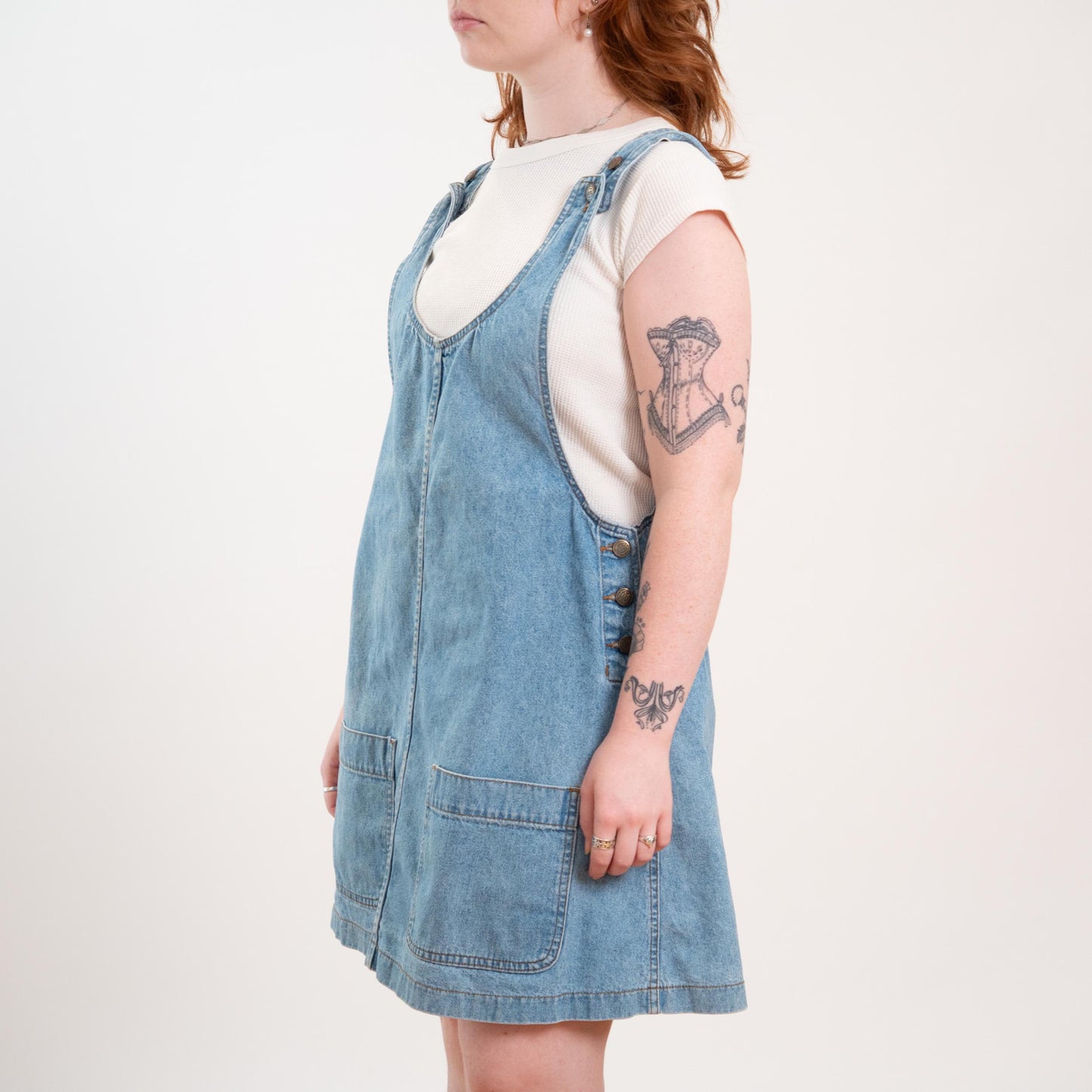 Vintage 90s Light Wash Denim Overall Mini Dress - 1X