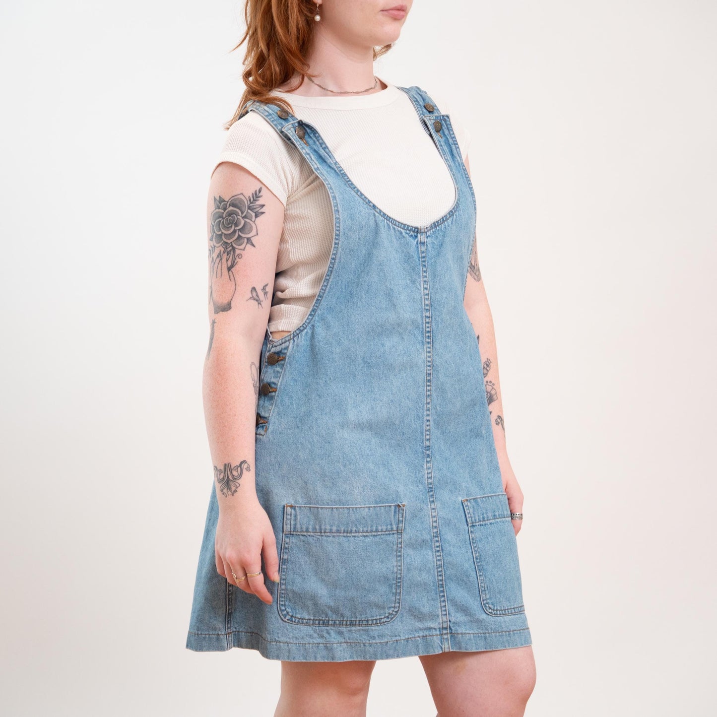 Vintage 90s Light Wash Denim Overall Mini Dress - 1X