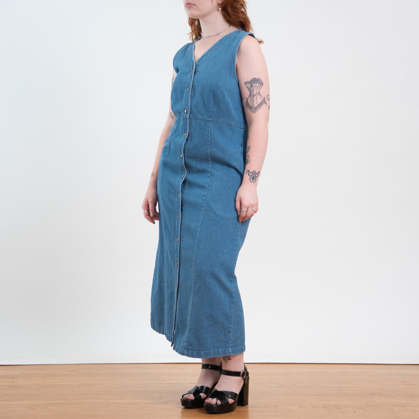 Vintage 90s Ribbed Chambray Maxi Pinafore Dress - Large