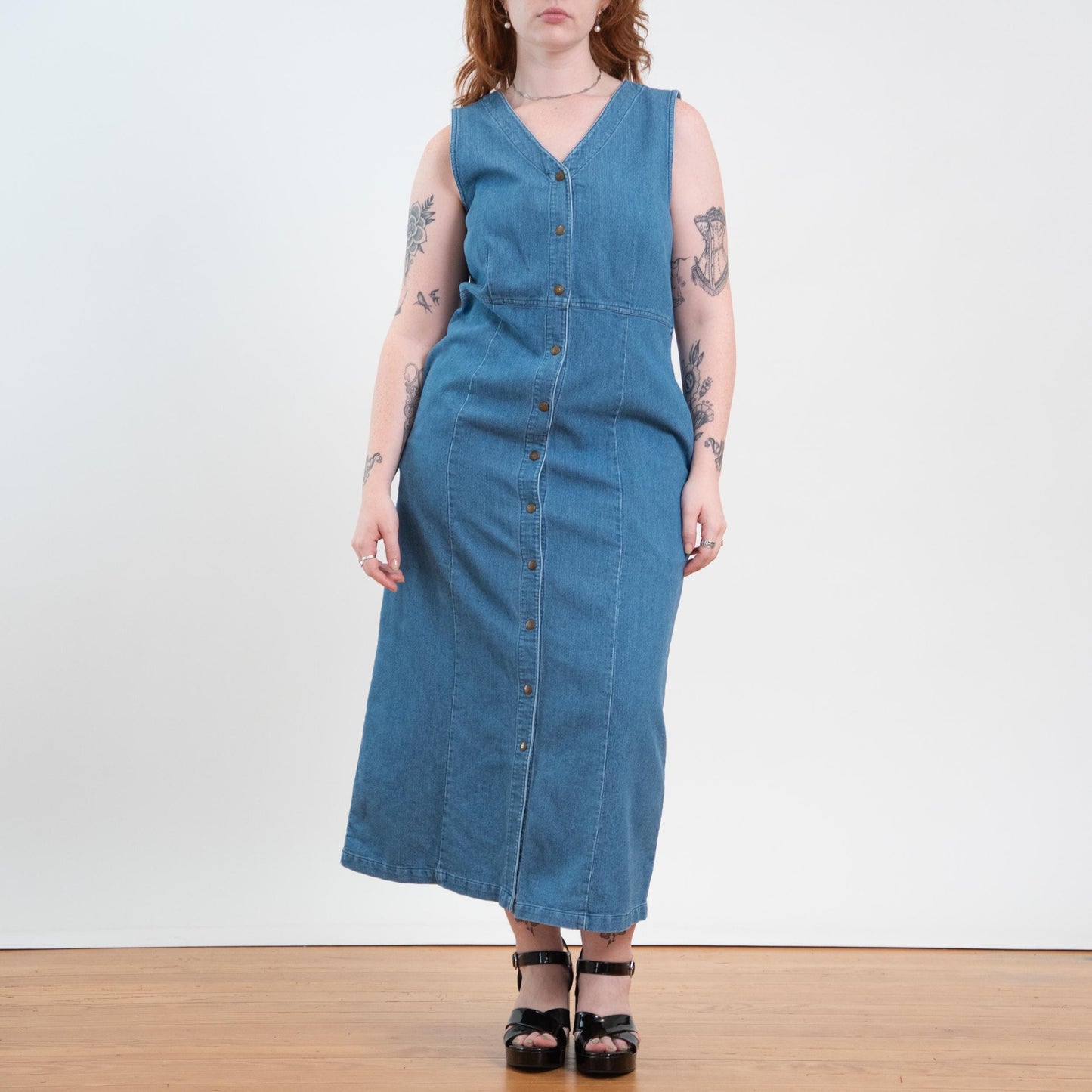 Vintage 90s Ribbed Chambray Maxi Pinafore Dress - Large