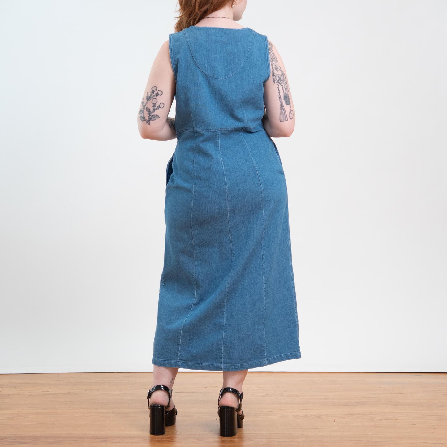 Vintage 90s Ribbed Chambray Maxi Pinafore Dress - Large