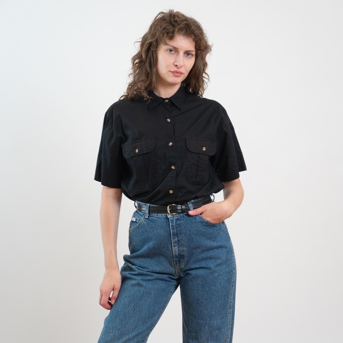 Vintage 80s Black Cotton Patch Pocket Shirt - Medium