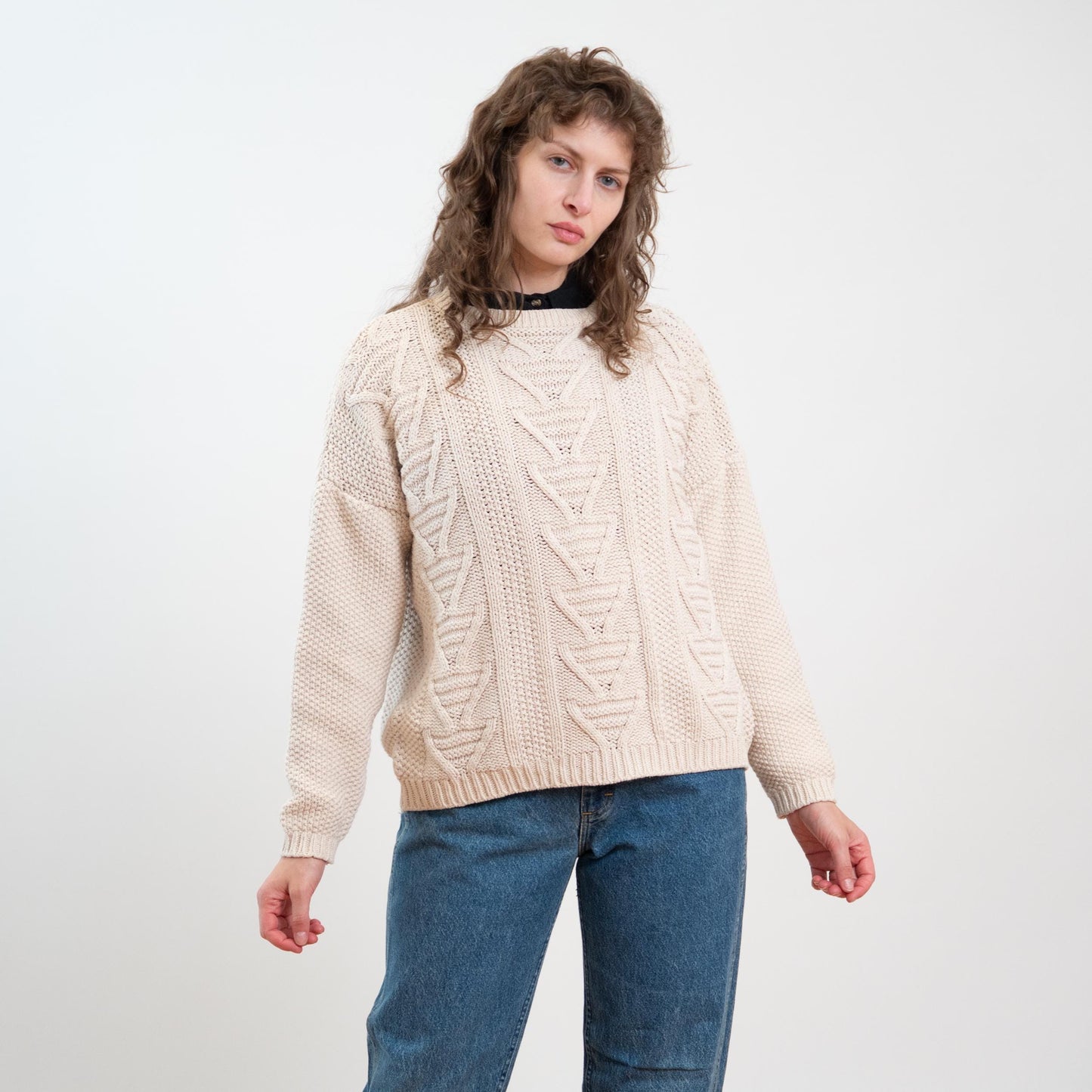 Vintage 90s Cream Silk & Cotton Cable Knit Sweater - Medium