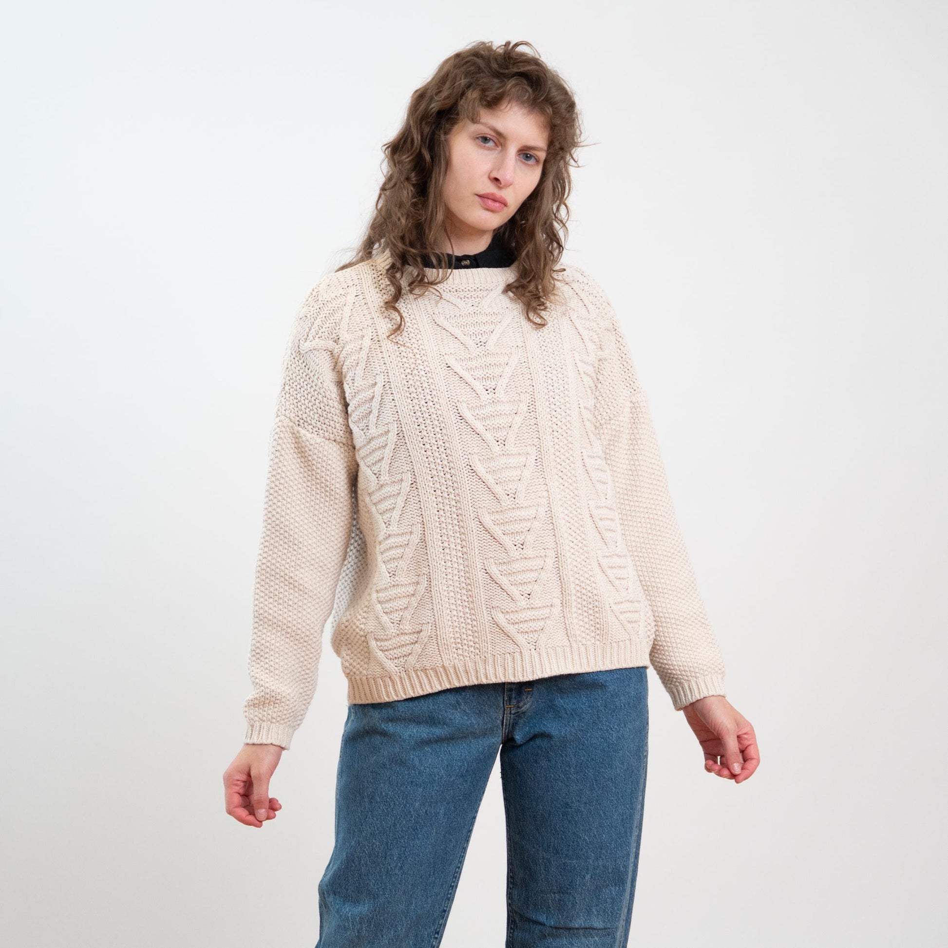 Vintage 90s Cream Silk & Cotton Cable Knit Sweater - Medium