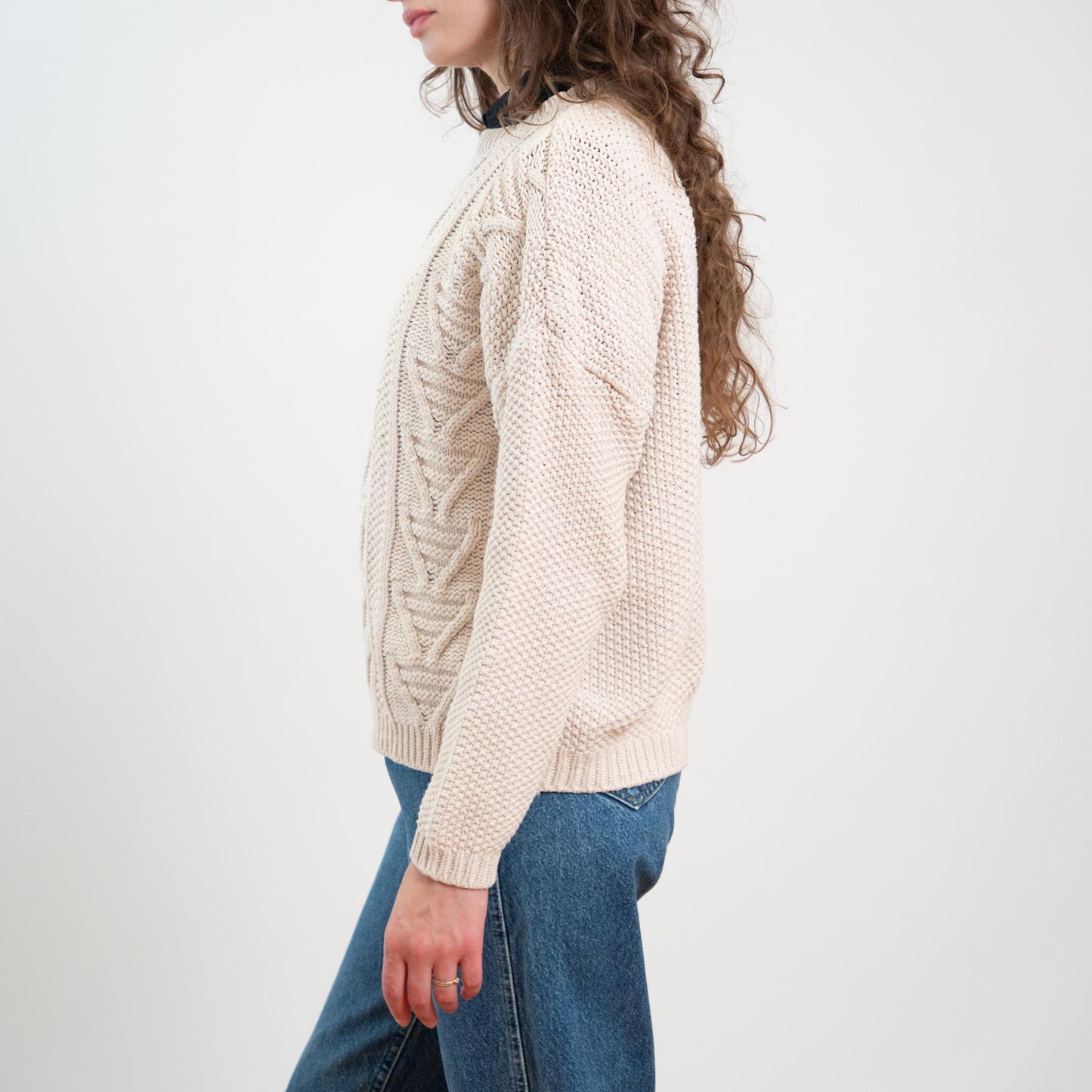 Vintage 90s Cream Silk & Cotton Cable Knit Sweater - Medium