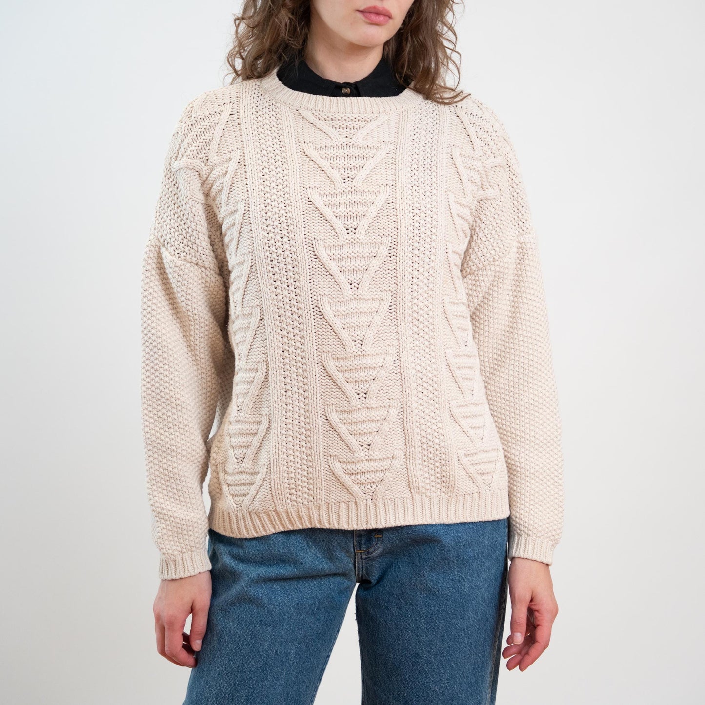 Vintage 90s Cream Silk & Cotton Cable Knit Sweater - Medium