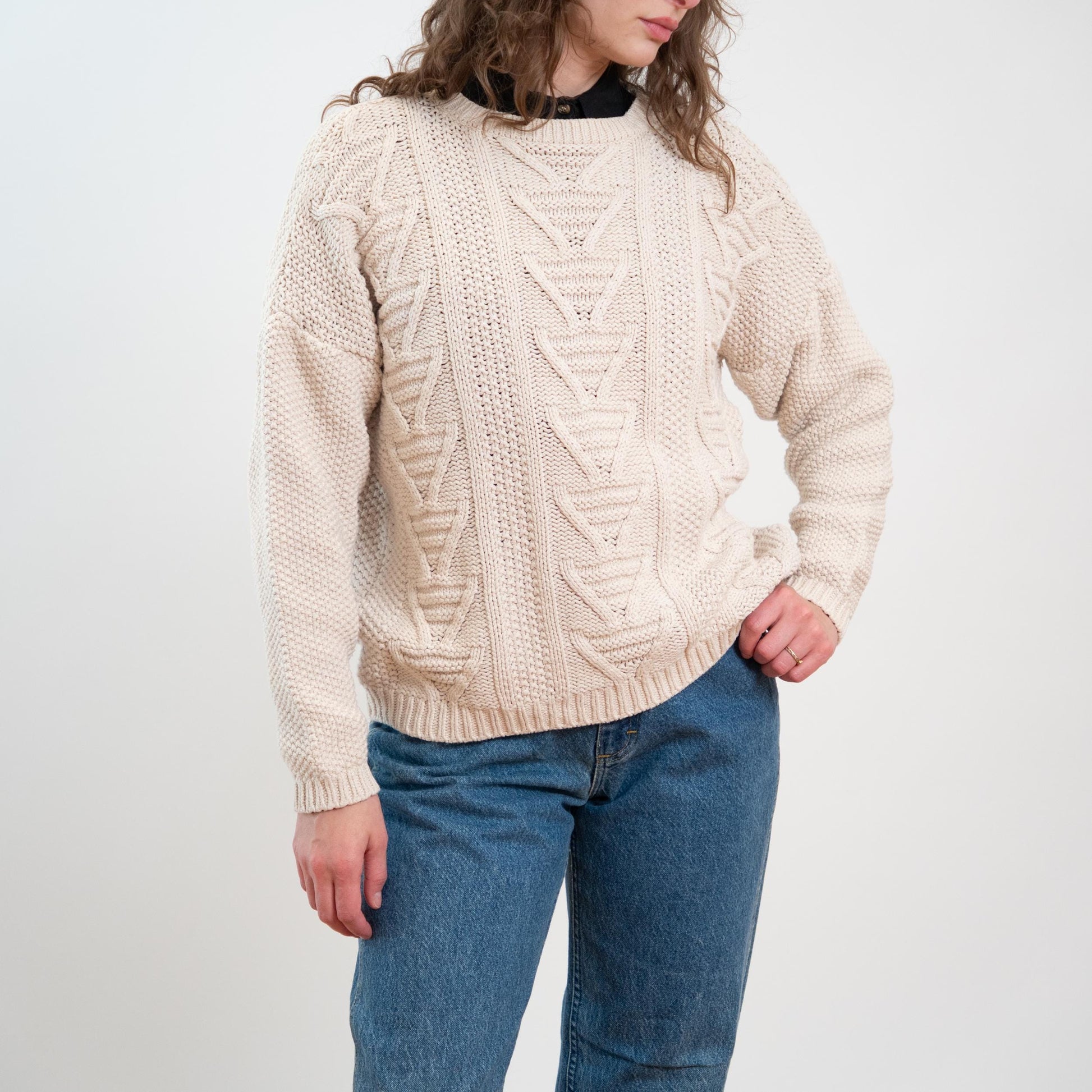 Vintage 90s Cream Silk & Cotton Cable Knit Sweater - Medium