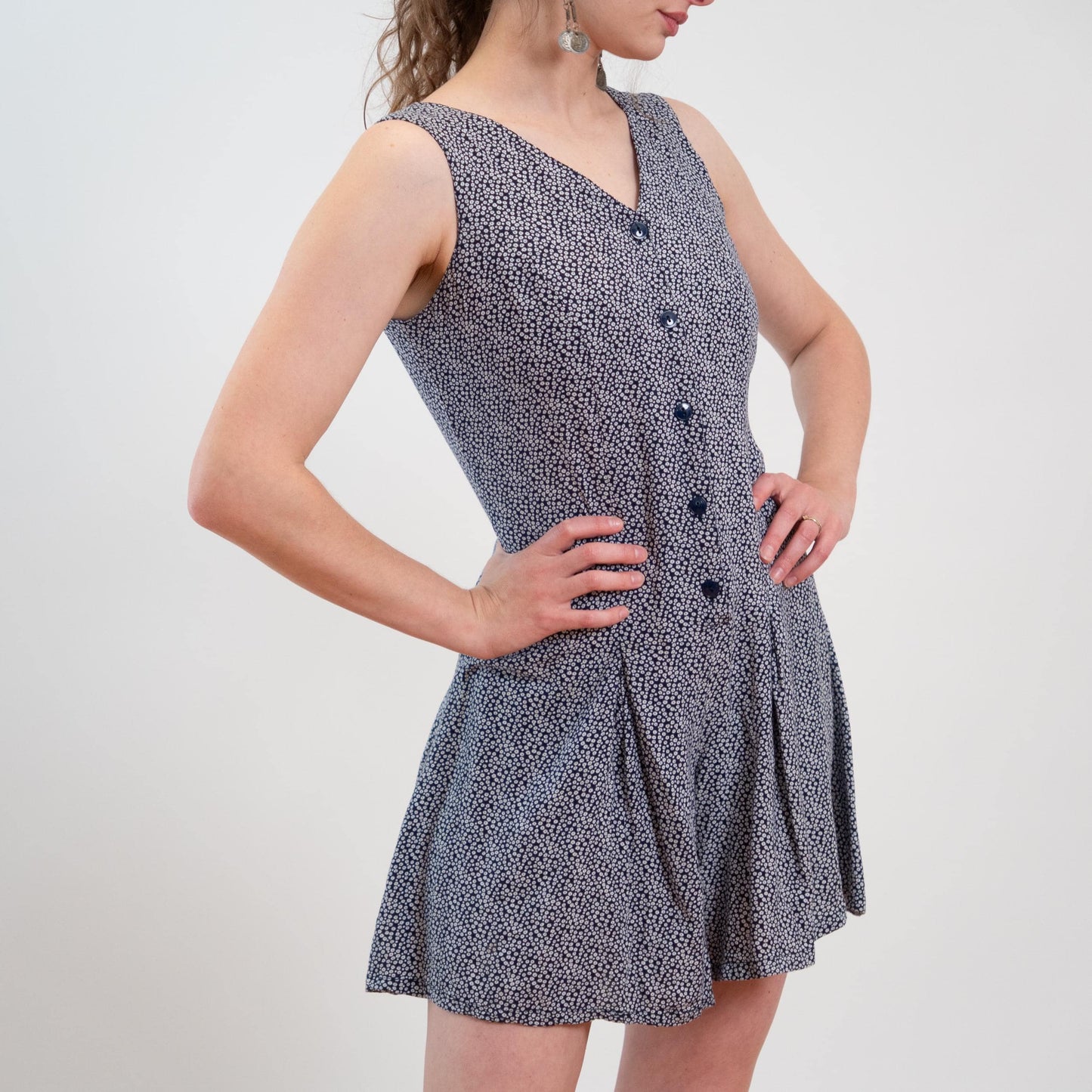 Vintage 90s Navy Blue & White Ditsy Floral Romper - Small to Medium