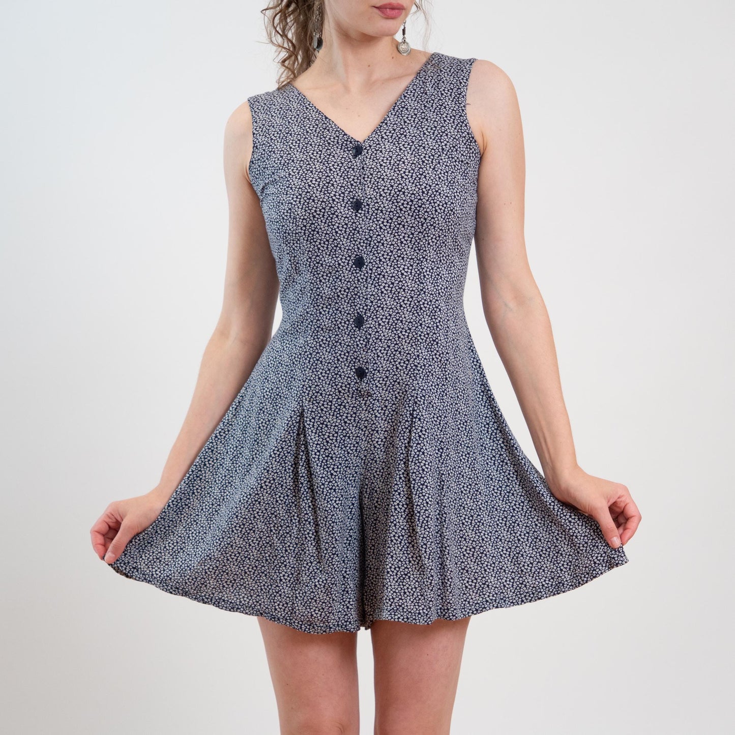 Vintage 90s Navy Blue & White Ditsy Floral Romper - Small to Medium