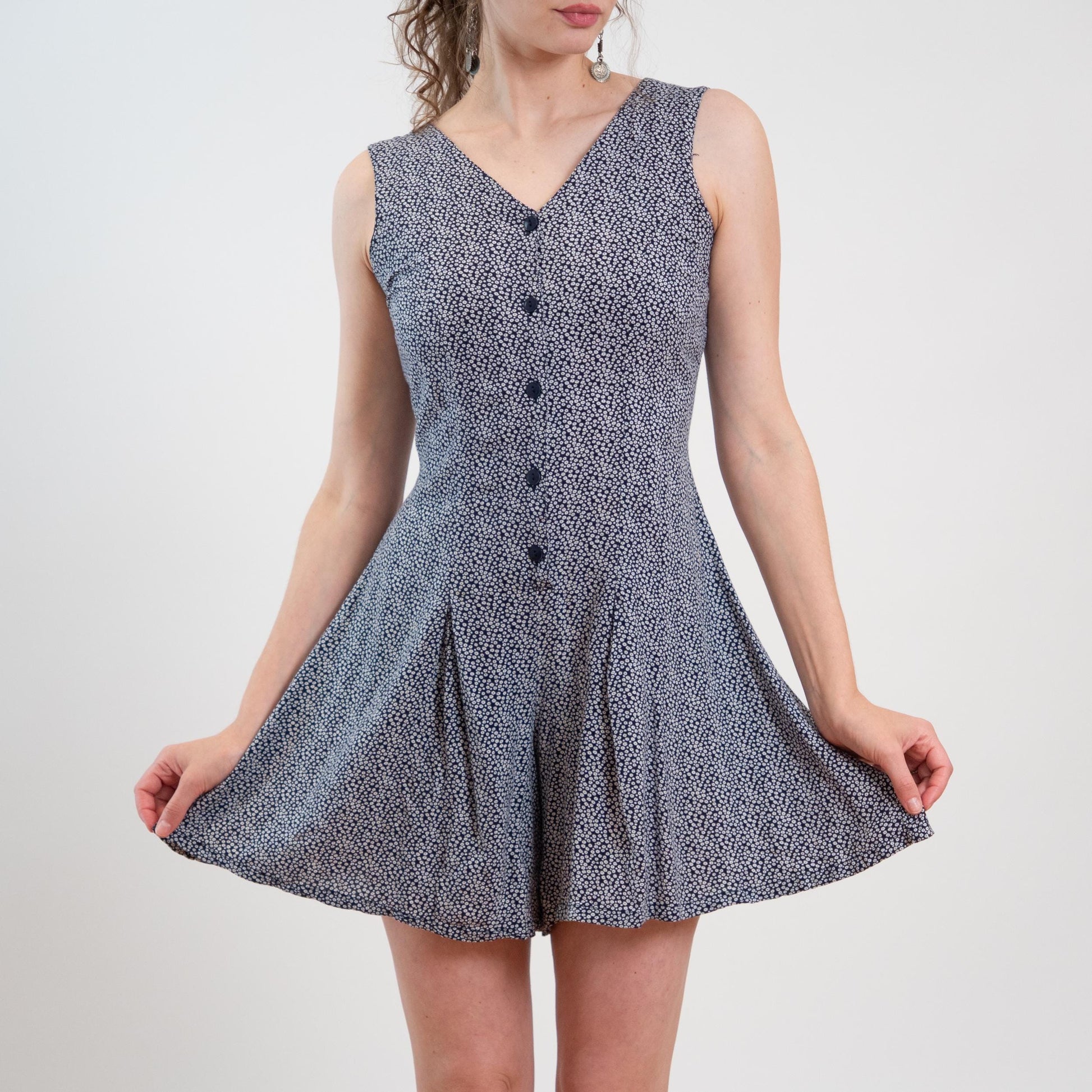 Vintage 90s Navy Blue & White Ditsy Floral Romper - Small to Medium