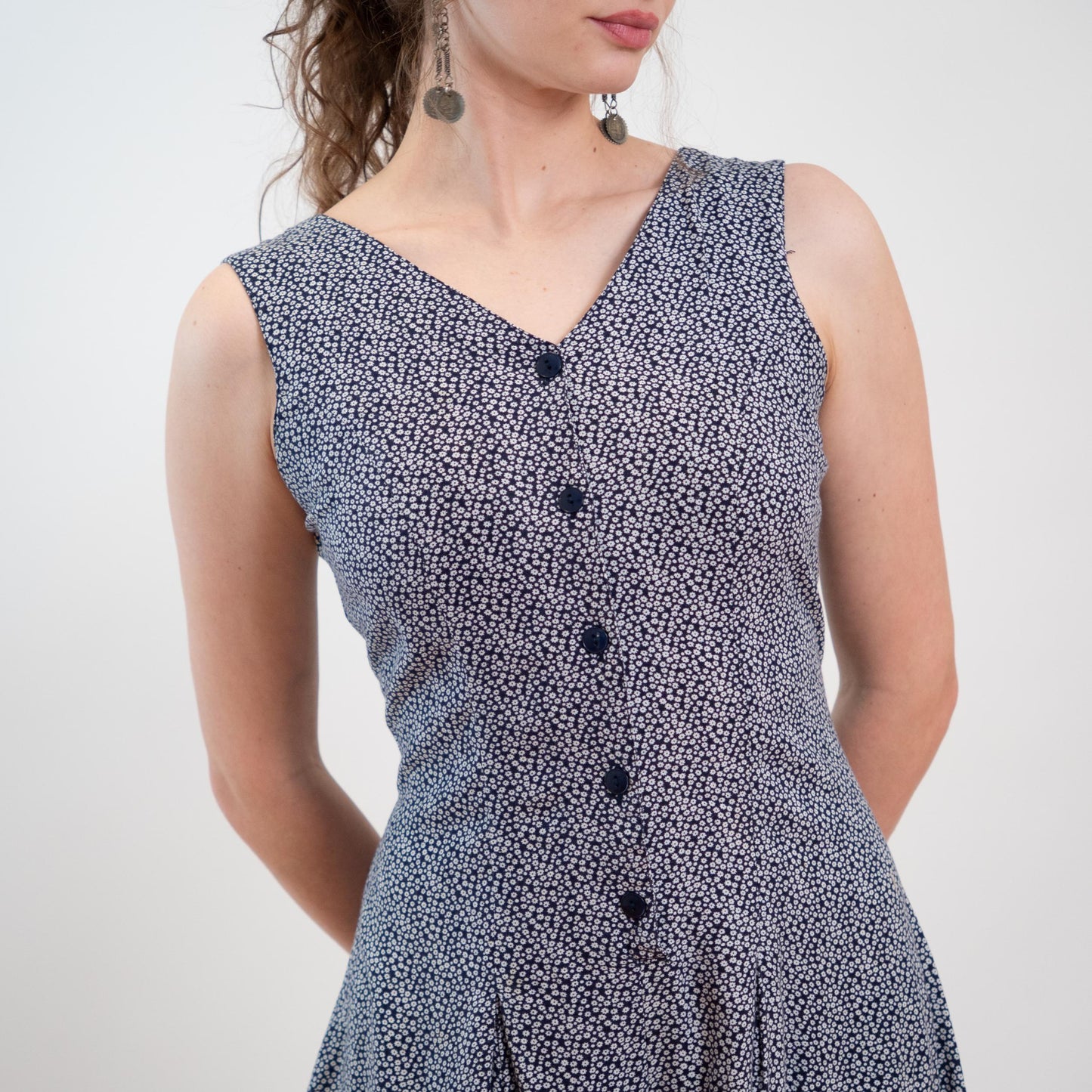 Vintage 90s Navy Blue & White Ditsy Floral Romper - Small to Medium