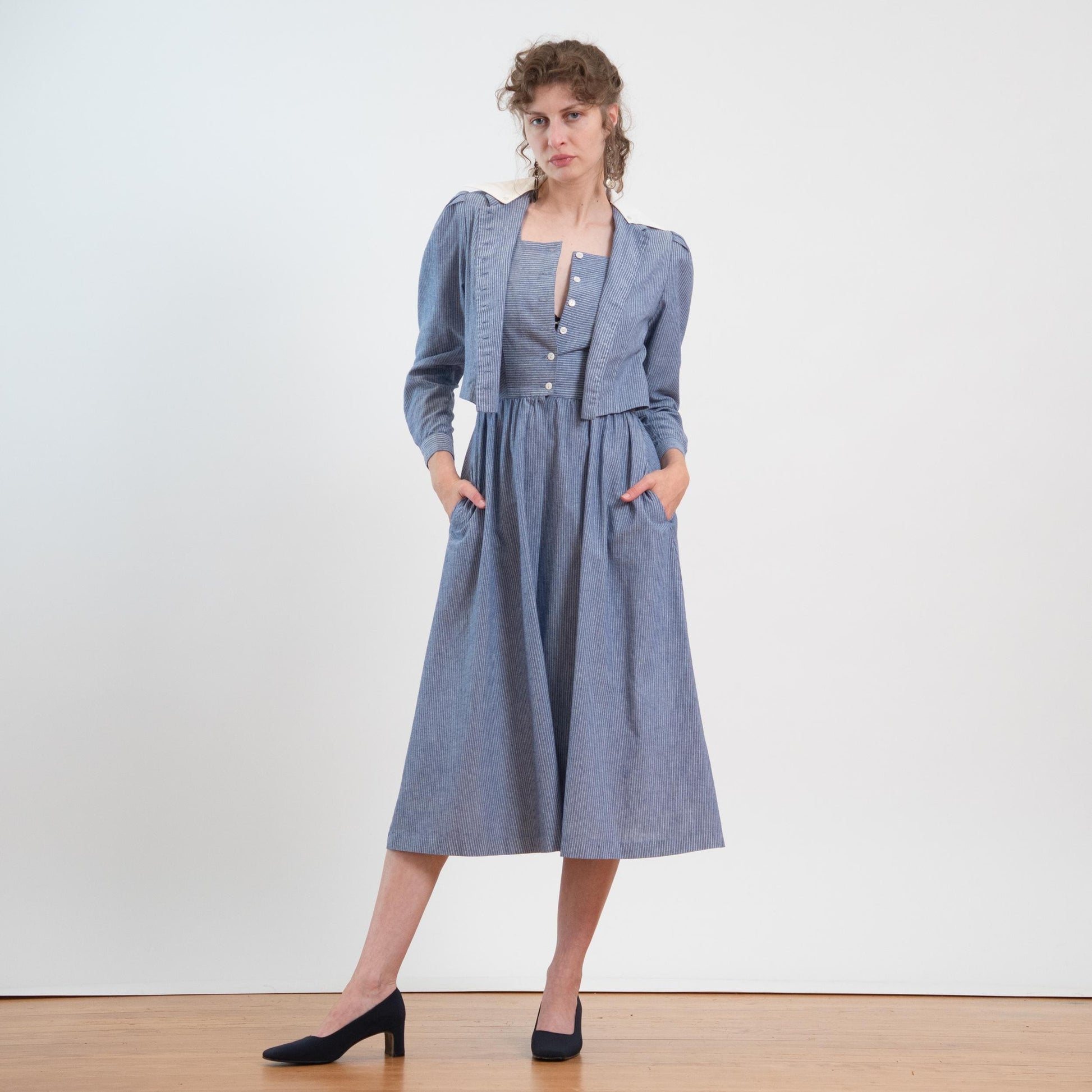 Vintage 80s Does 40s Lanz Blue Pinstriped Jacket-Front Dress - Medium | Two In One Chambray Midi Shirtdress