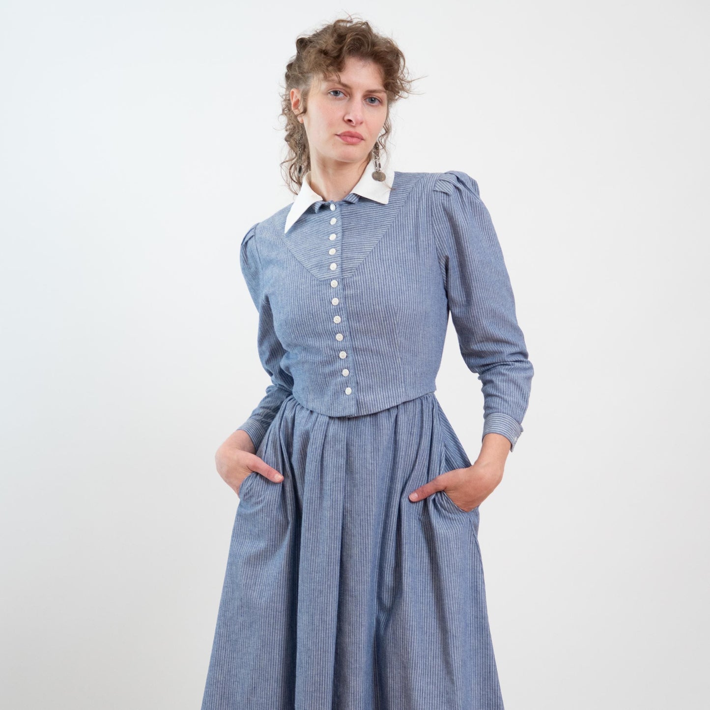 Vintage 80s Does 40s Lanz Blue Pinstriped Jacket-Front Dress - Medium | Two In One Chambray Midi Shirtdress