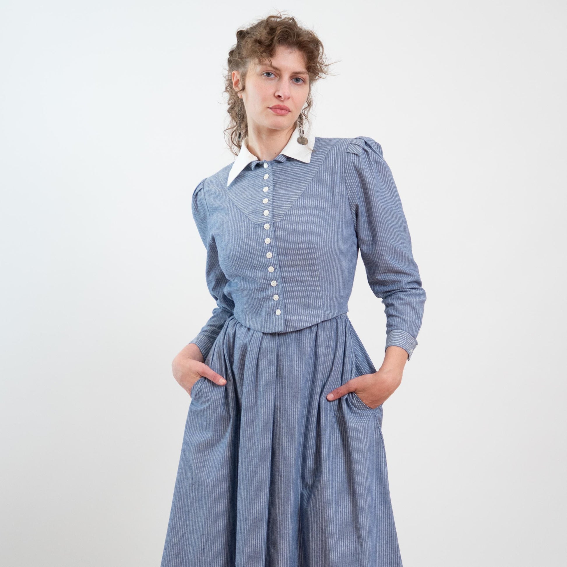 Vintage 80s Does 40s Lanz Blue Pinstriped Jacket-Front Dress - Medium | Two In One Chambray Midi Shirtdress