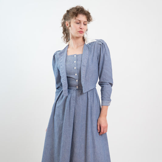 Vintage 80s Does 40s Lanz Blue Pinstriped Jacket-Front Dress - Medium | Two In One Chambray Midi Shirtdress
