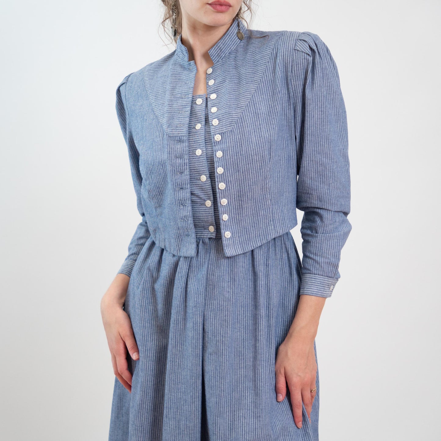 Vintage 80s Does 40s Lanz Blue Pinstriped Jacket-Front Dress - Medium | Two In One Chambray Midi Shirtdress