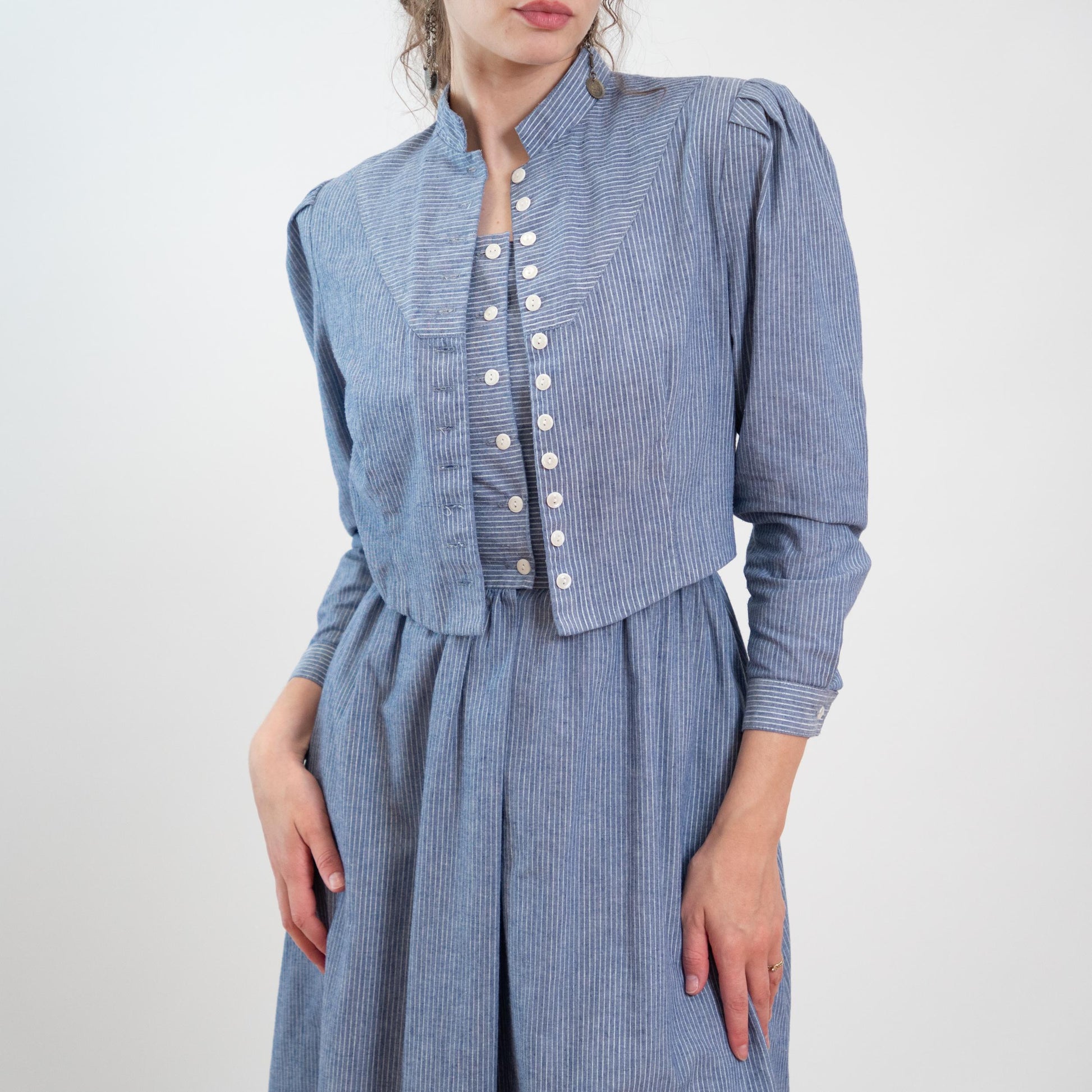 Vintage 80s Does 40s Lanz Blue Pinstriped Jacket-Front Dress - Medium | Two In One Chambray Midi Shirtdress