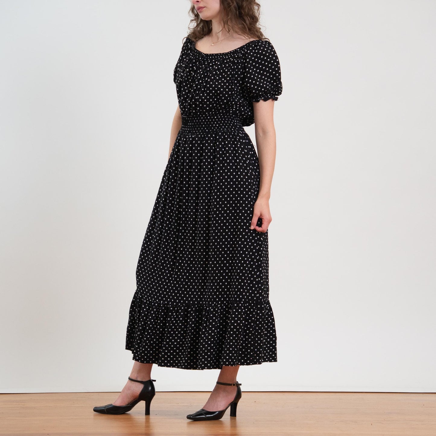 Vintage Y2K Black & White Polka Dot Maxi Peasant Dress - Extra Large