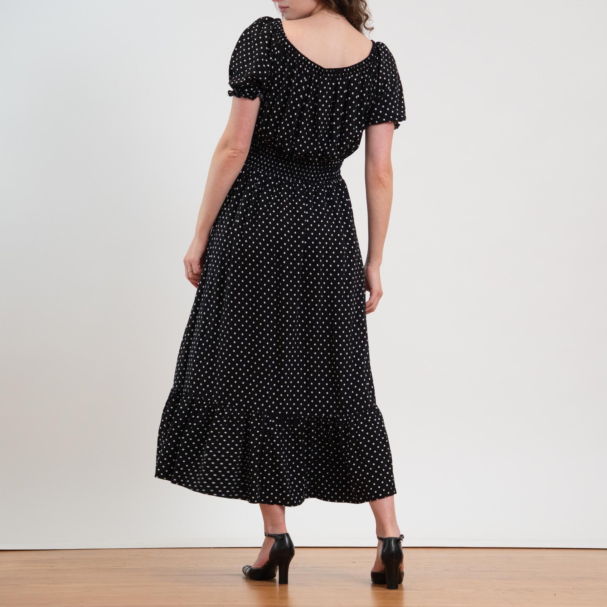 Vintage Y2K Black & White Polka Dot Maxi Peasant Dress - Extra Large