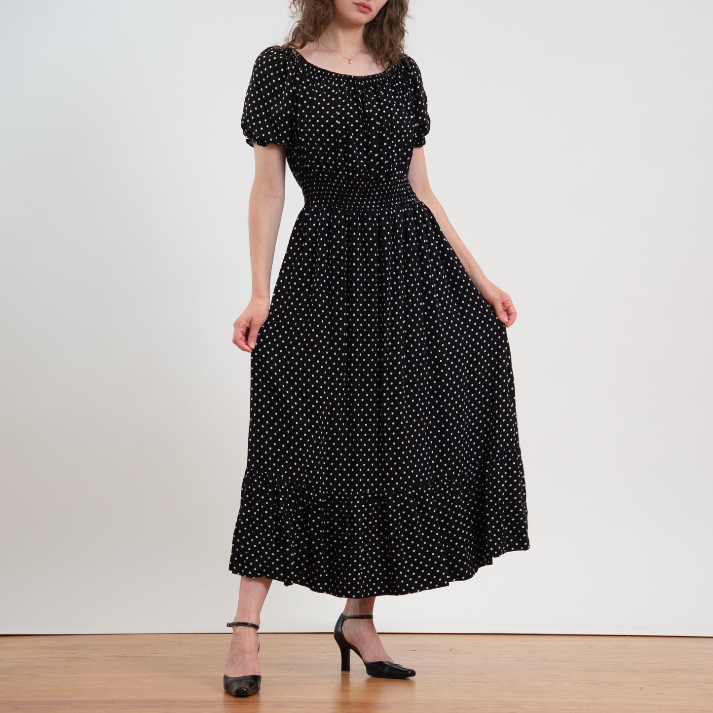 Vintage Y2K Black & White Polka Dot Maxi Peasant Dress - Extra Large