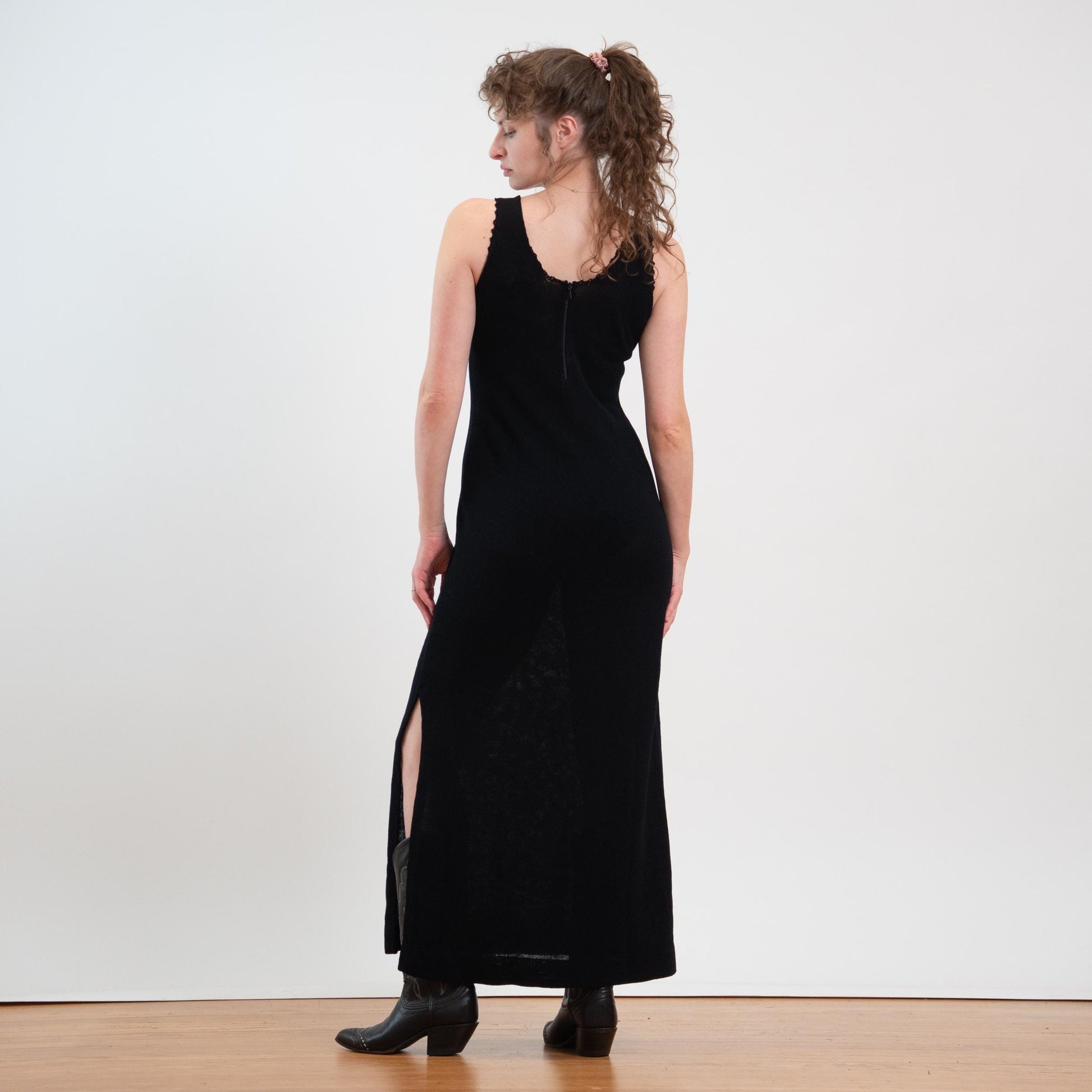 Vintage 70s Black Knit Side Slit Maxi Dress - Small to Medium