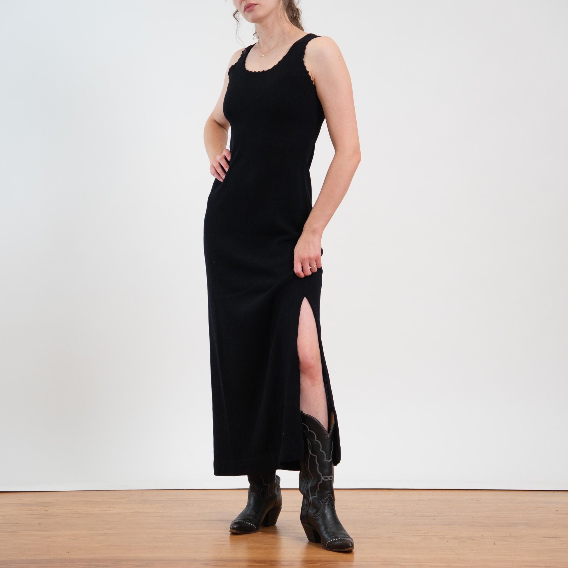 Vintage 70s Black Knit Side Slit Maxi Dress - Small to Medium