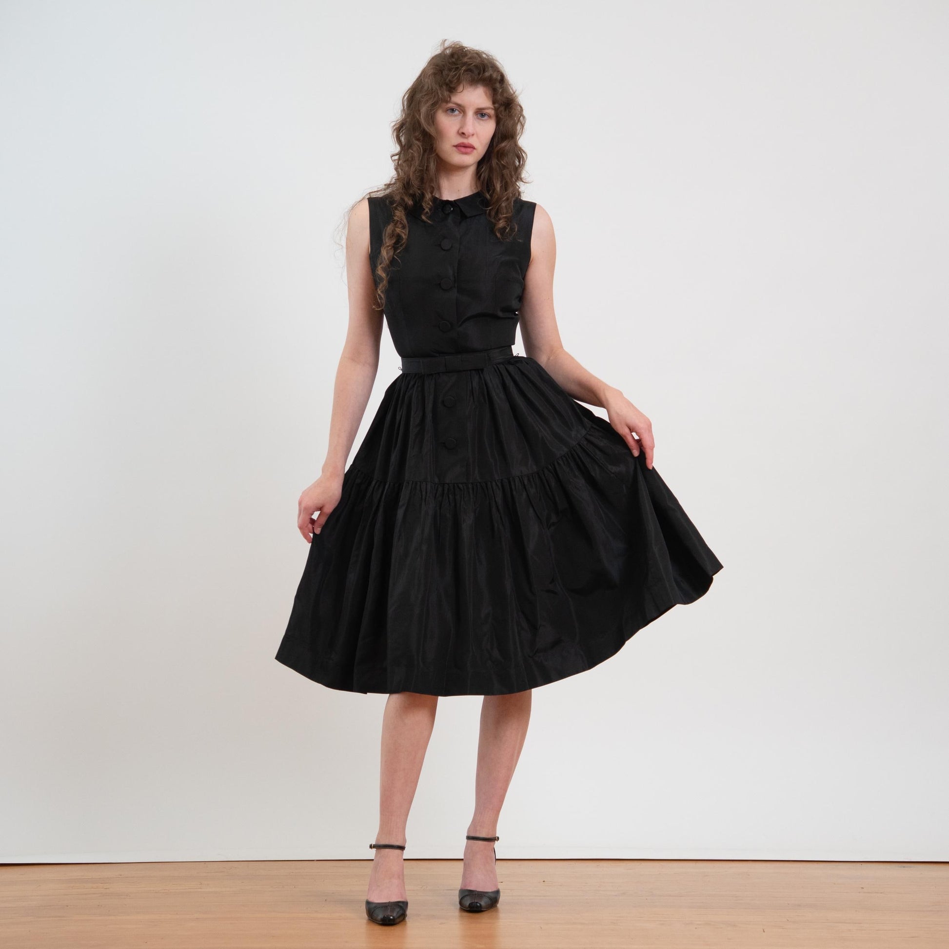 Vintage 50s Black Taffetta Fit & Flare Party Dress - Extra Small