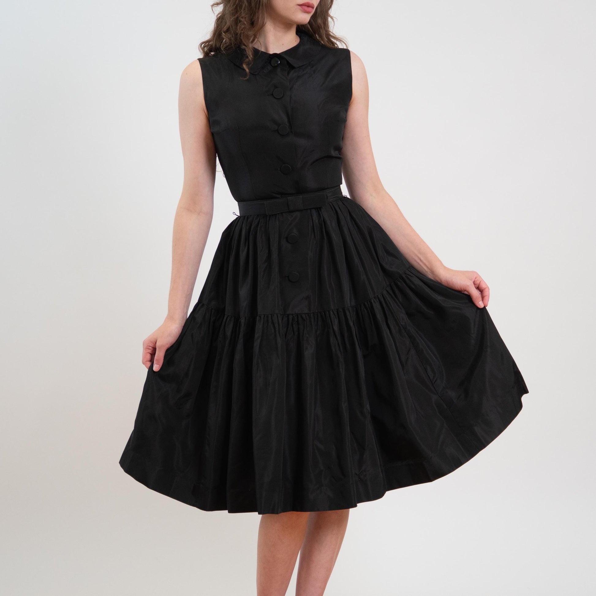 Vintage 50s Black Taffetta Fit & Flare Party Dress - Extra Small