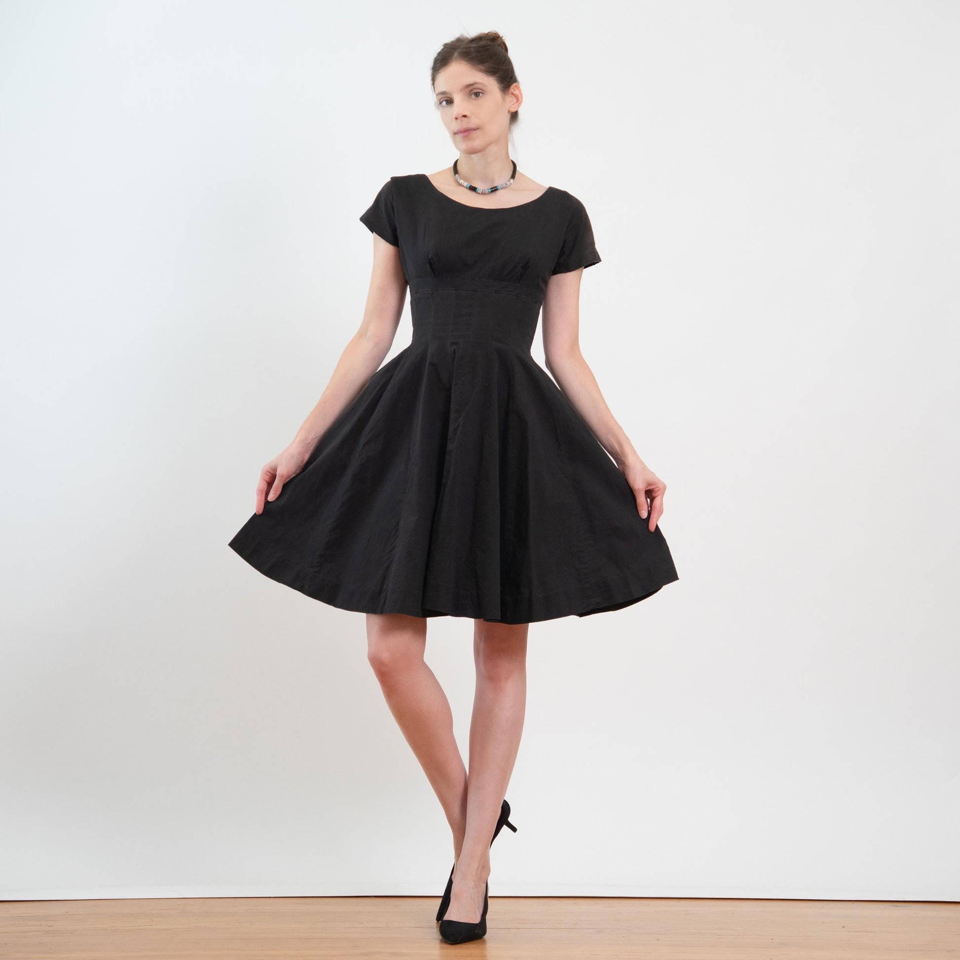 Vintage 50s Faded Black Shelf Bust Fit & Flare Dress, As Is - Extra Small