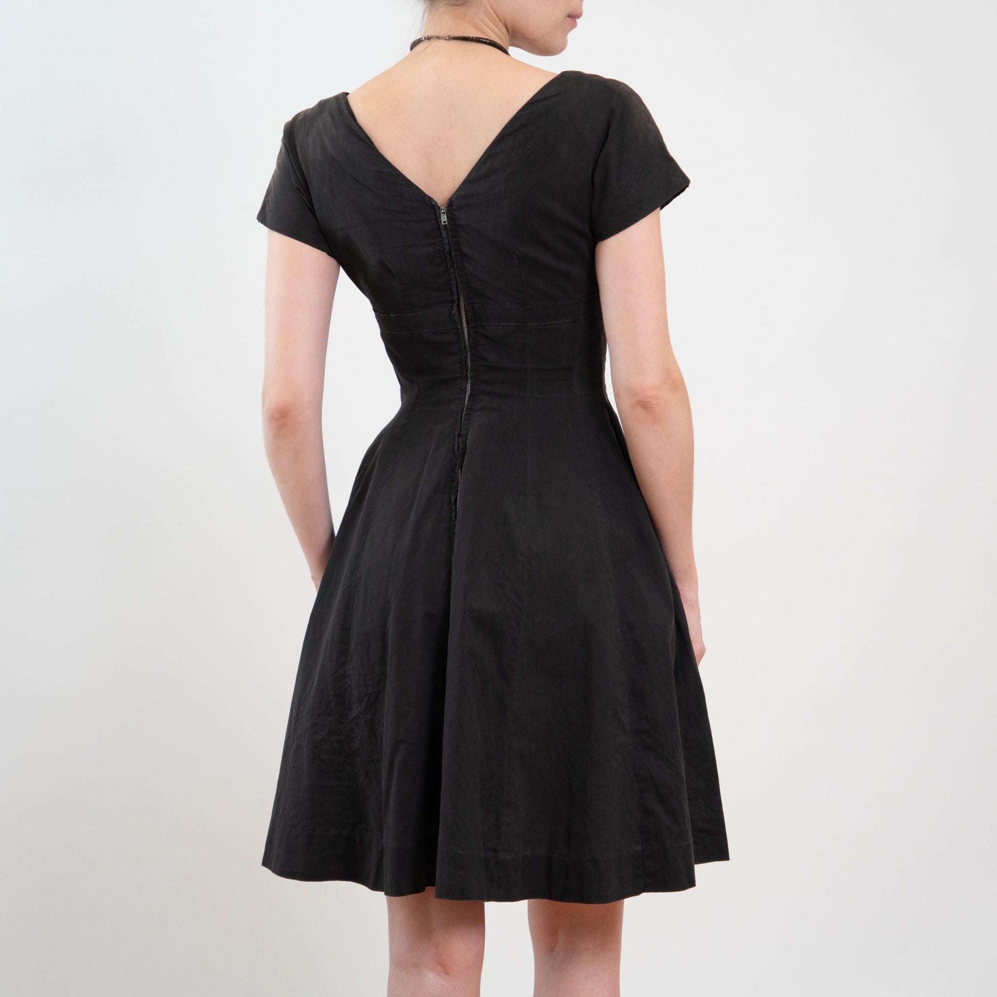 Vintage 50s Faded Black Shelf Bust Fit & Flare Dress, As Is - Extra Small