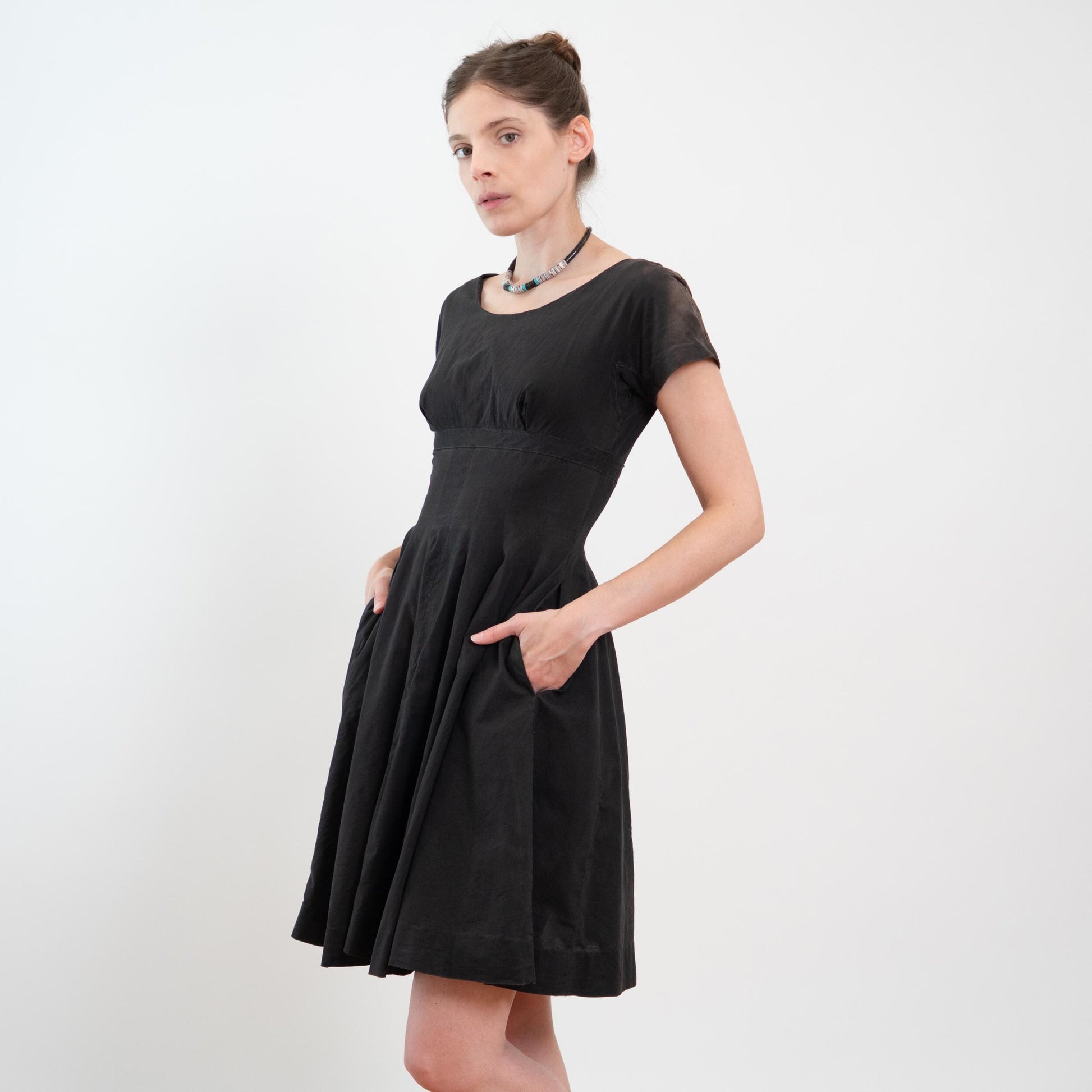 Vintage 50s Faded Black Shelf Bust Fit & Flare Dress, As Is - Extra Small