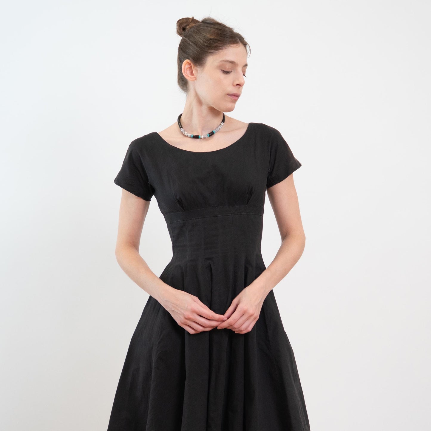 Vintage 50s Faded Black Shelf Bust Fit & Flare Dress, As Is - Extra Small